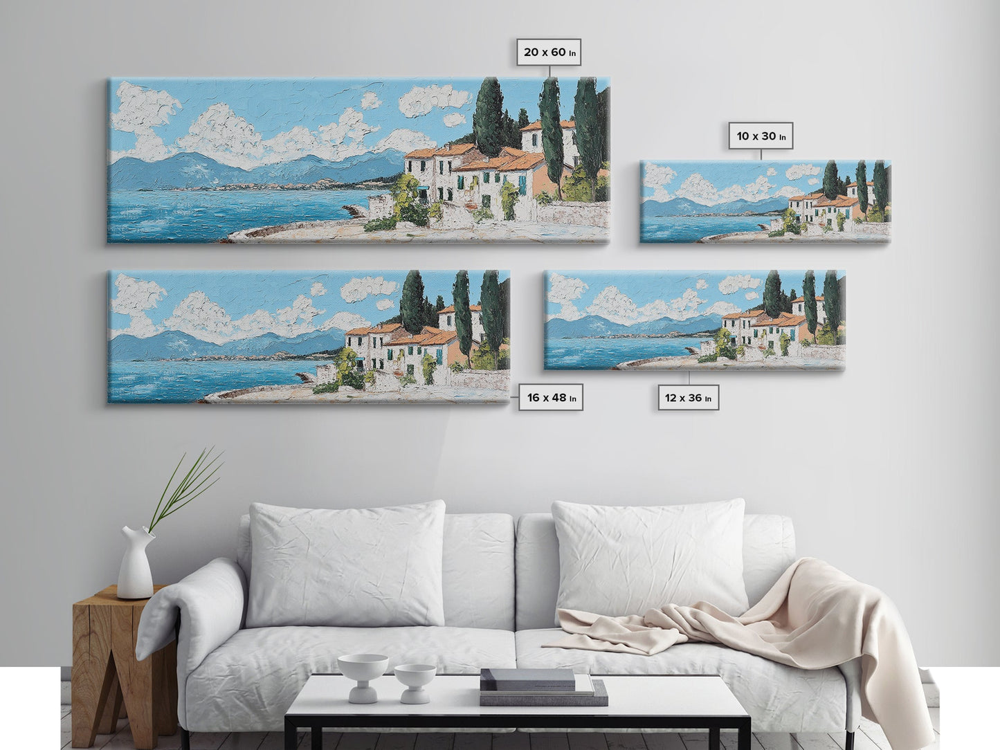 Impressionist Painting of an Italian Seaside Villa, Framed Canvas Print, Italy Village Decor, Ulta Wide Panoramic Landscape Painting