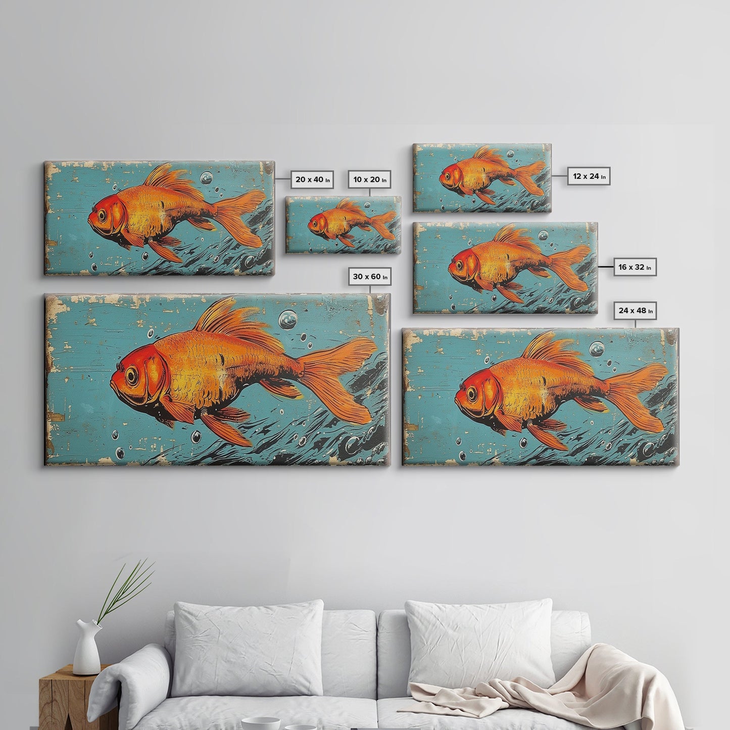 Retro 80s Style Painting of a Gold Fish, Framed Canvas Print, Home Decor Gift Artwork, Fish Painting, Fish Art
