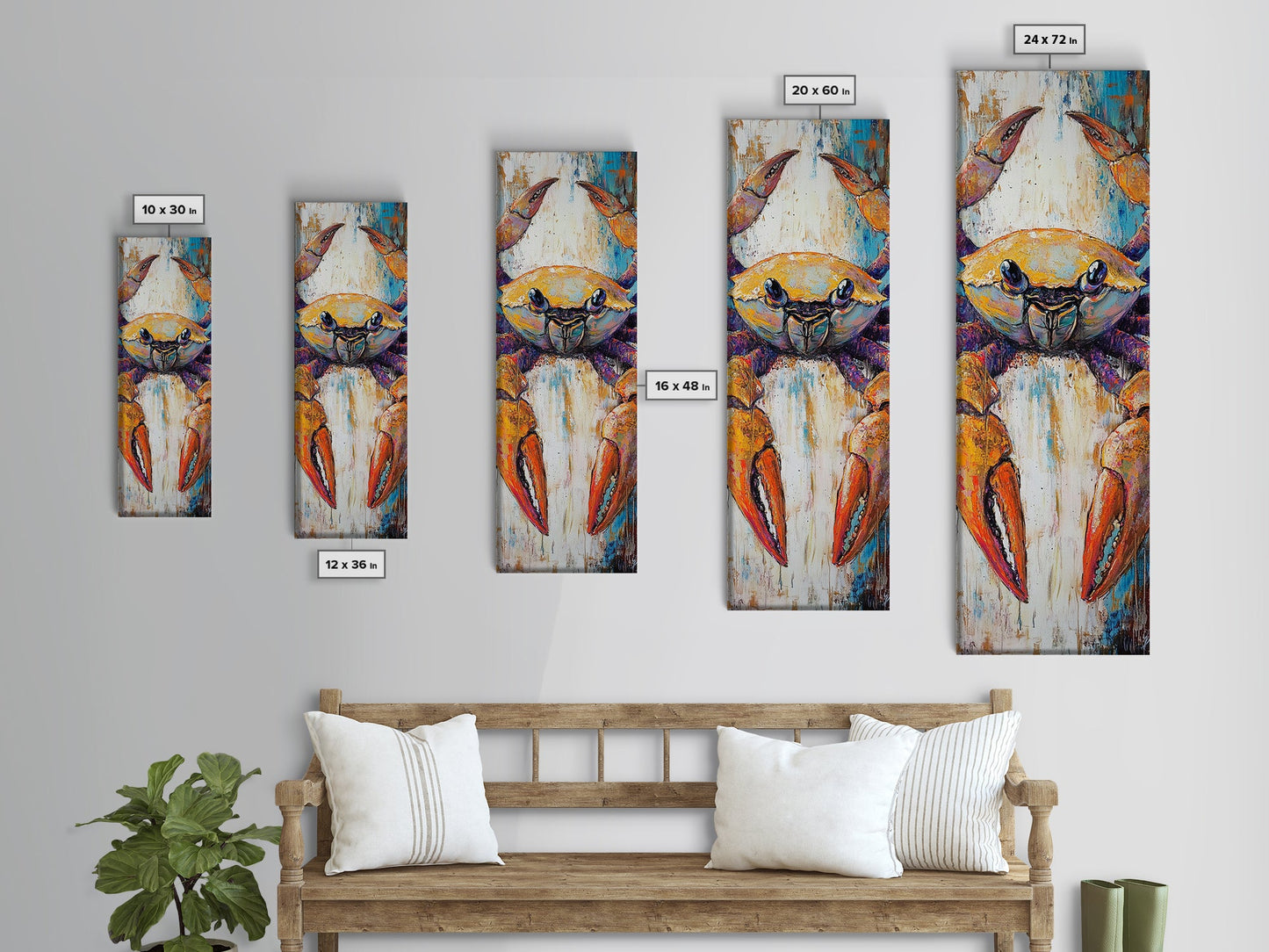 Colorful crab, coastal cowgirl wall art, crayfish painting, nautical wall art, framed canvas print, tall skinny art, rustic décor