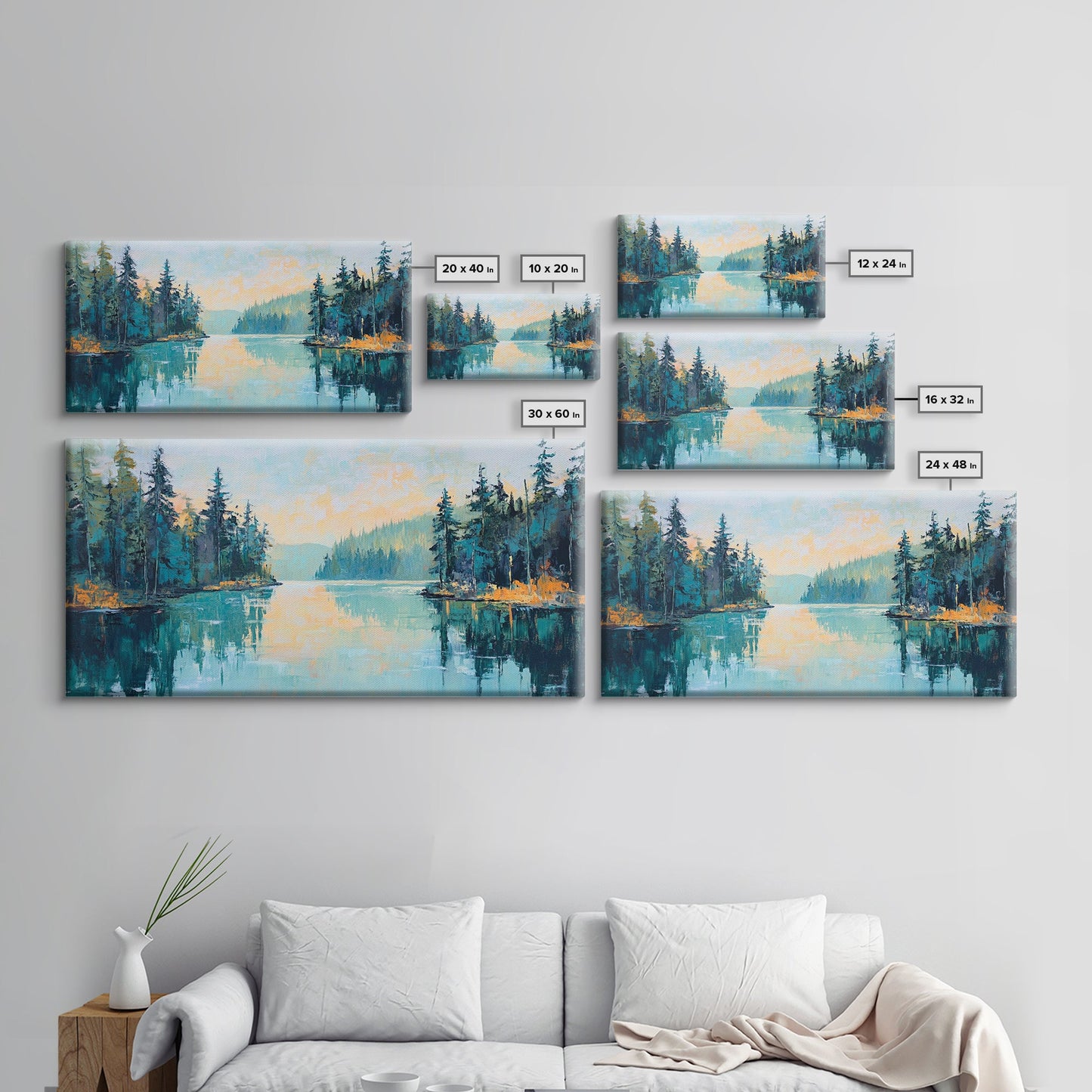 Tranquil Lake, pine tree art, landscape painting, smoky mountain art, panoramic painting, nature painting, Framed Canvas Print