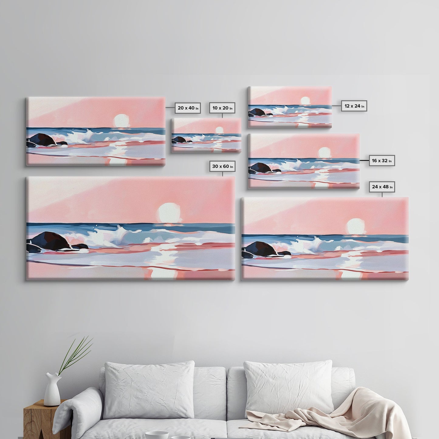 Sunset Beach, Ocean Waves, Framed Canvas Print, Coastal Wall Art, Pink Sky Painting, Living Room Decor, Tropical Seascape