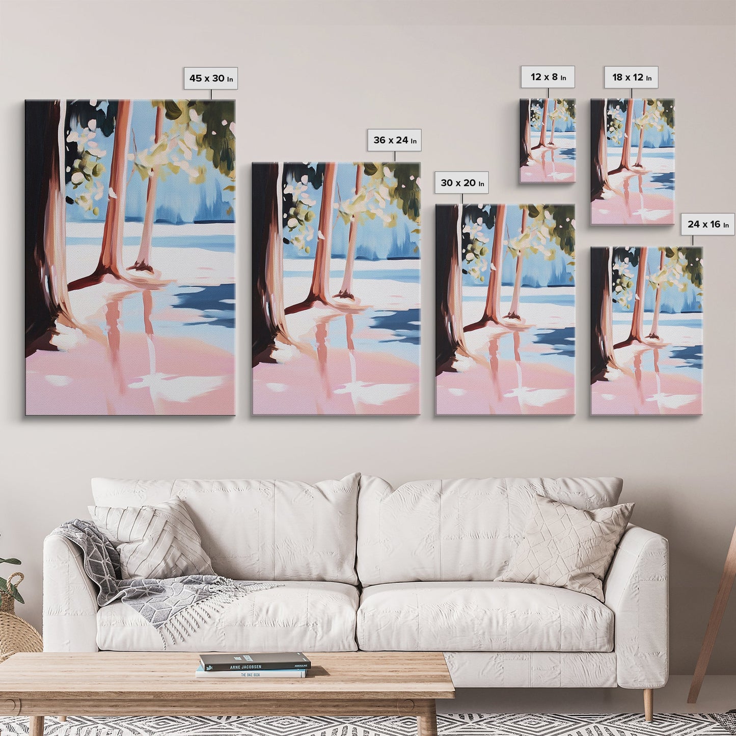 Sunset Reflection, Tranquil Beach, Serene Landscape, Ocean Serenity, Pink Skies, Relaxing Vibes, Framed Canvas Print, Living Room