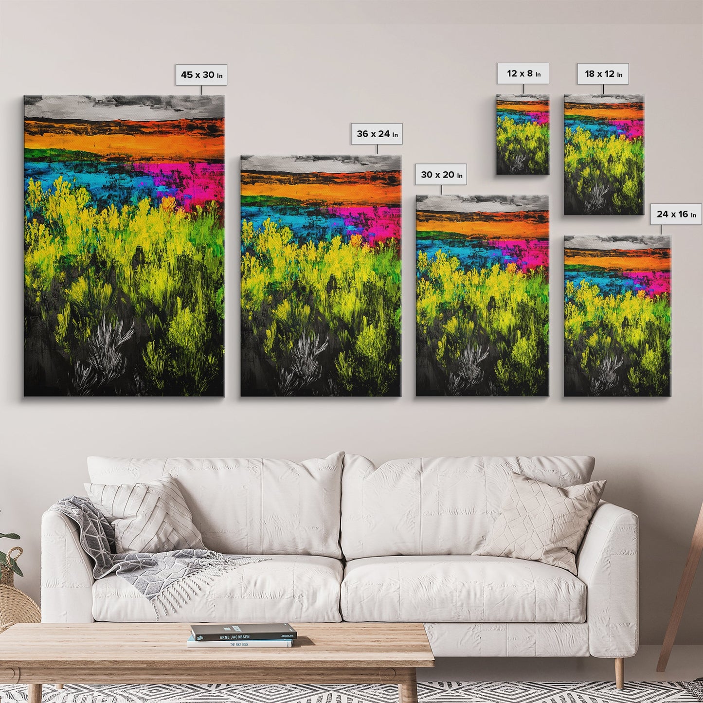 Colorful Prairie, Abstract Fields, Bright Wildflowers, Framed Canvas Print, Vibrant Wall Art, Boho Home Decor, Living Room Statement