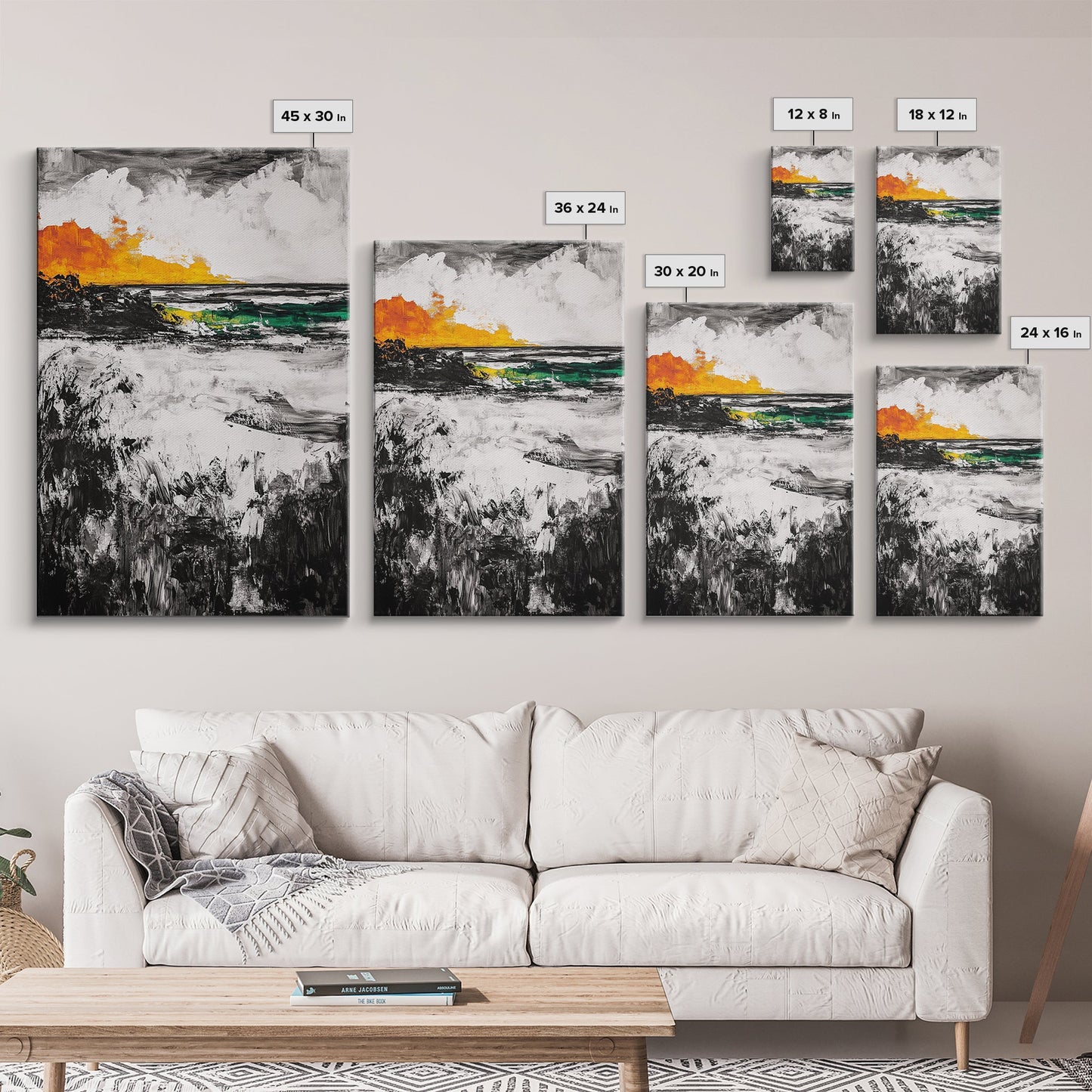 Sunset Waves, Coastal Painting, Ocean Sunset, Abstract Landscape, Framed Canvas Print, Nautical Art, Living Room Wall Art, Bold Color Art