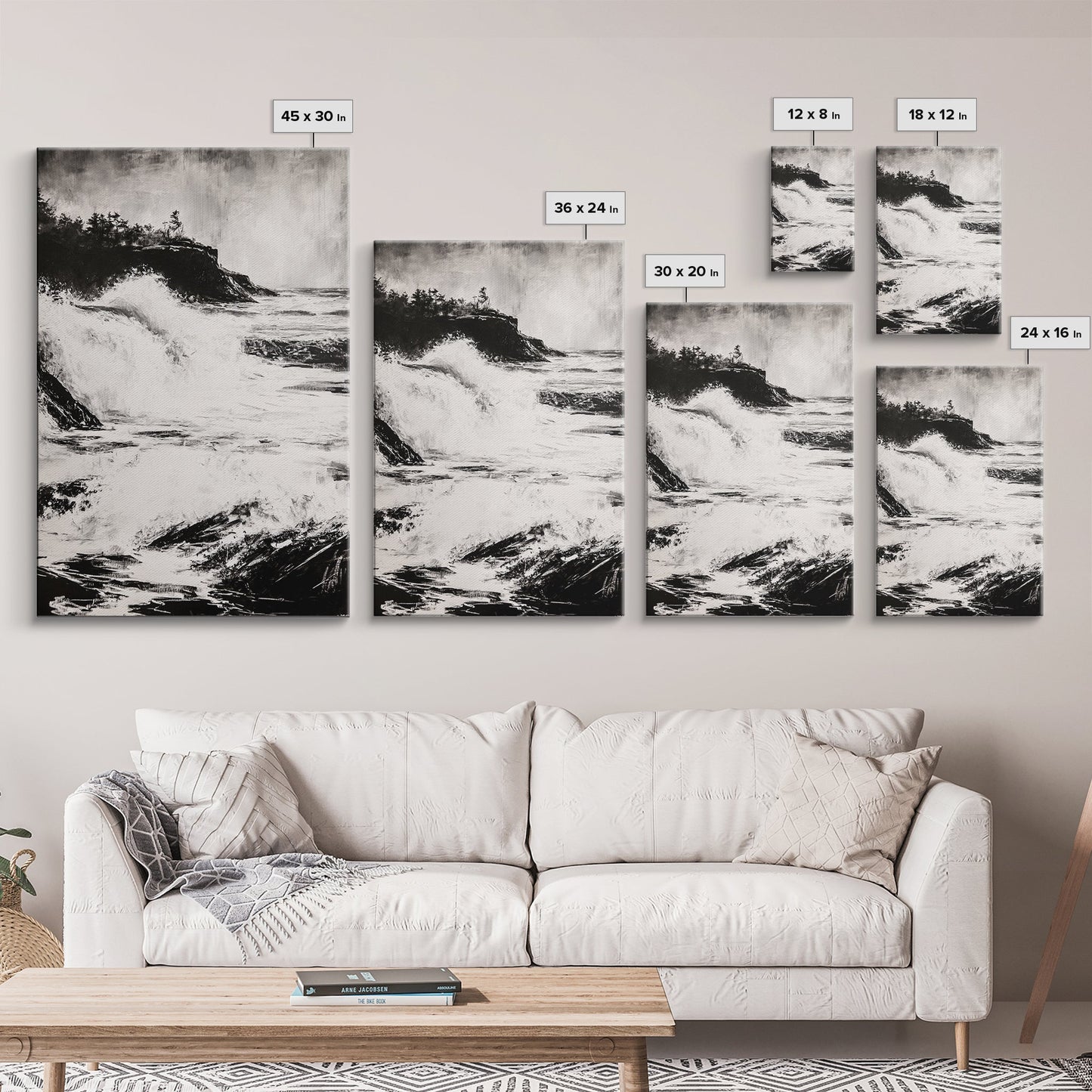Ocean Waves, Seascape Painting, Framed Canvas Print, Beach House Decor, Nautical Wall Art, Black and White Art, Coastal Living Room