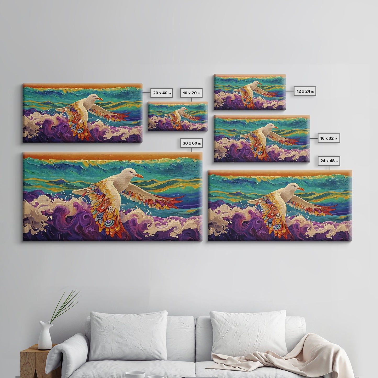 Seagull Ocean, Wings, Framed Canvas Print, Whimsical Bird Wall Art, Nautical Coastal Decor, Colorful Beach Painting, Boho Wall Art