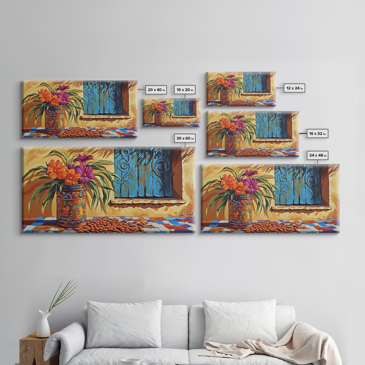 Flowers Pottery, Window, Still Life, Canvas Print, vibrant floral still life wall art, Mexican pottery, rustic kitchen décor