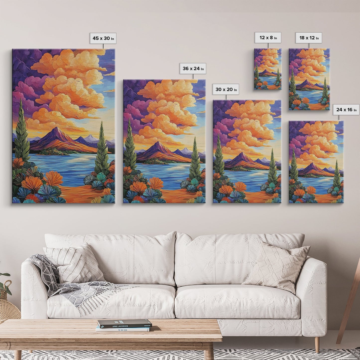 Mountain Lake, Cloudscape, Reflection, Framed Canvas Print, Bold sunset wall art, vibrant color landscape, Cabin or Living Room Wall Art