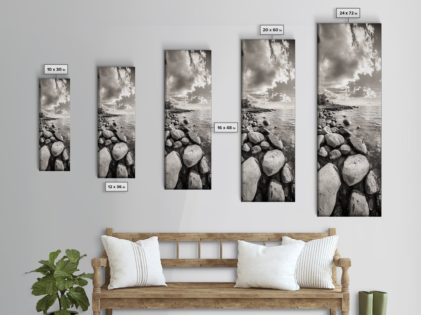 Sunrise Shore, Tranquil Coast, Pebble Beach, Golden Glow, Framed Canvas Print Fall Wall Art, Landscape Living Room Decor, Minimalist Aesthetic