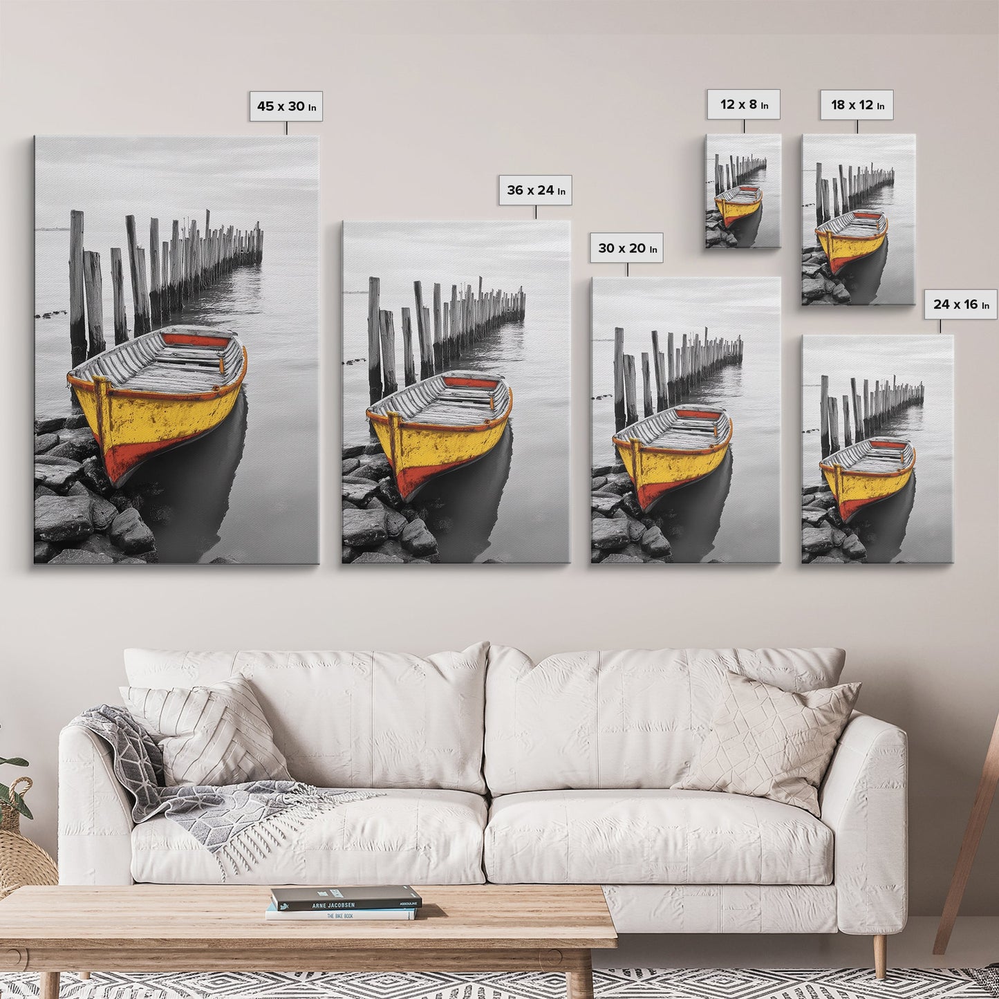 Yellow Rowboat, Coastal Mood, Pier View, Nautical Nostalgia, Framed Canvas Print, Beach House Wall Art, Rustic Seaside Decor