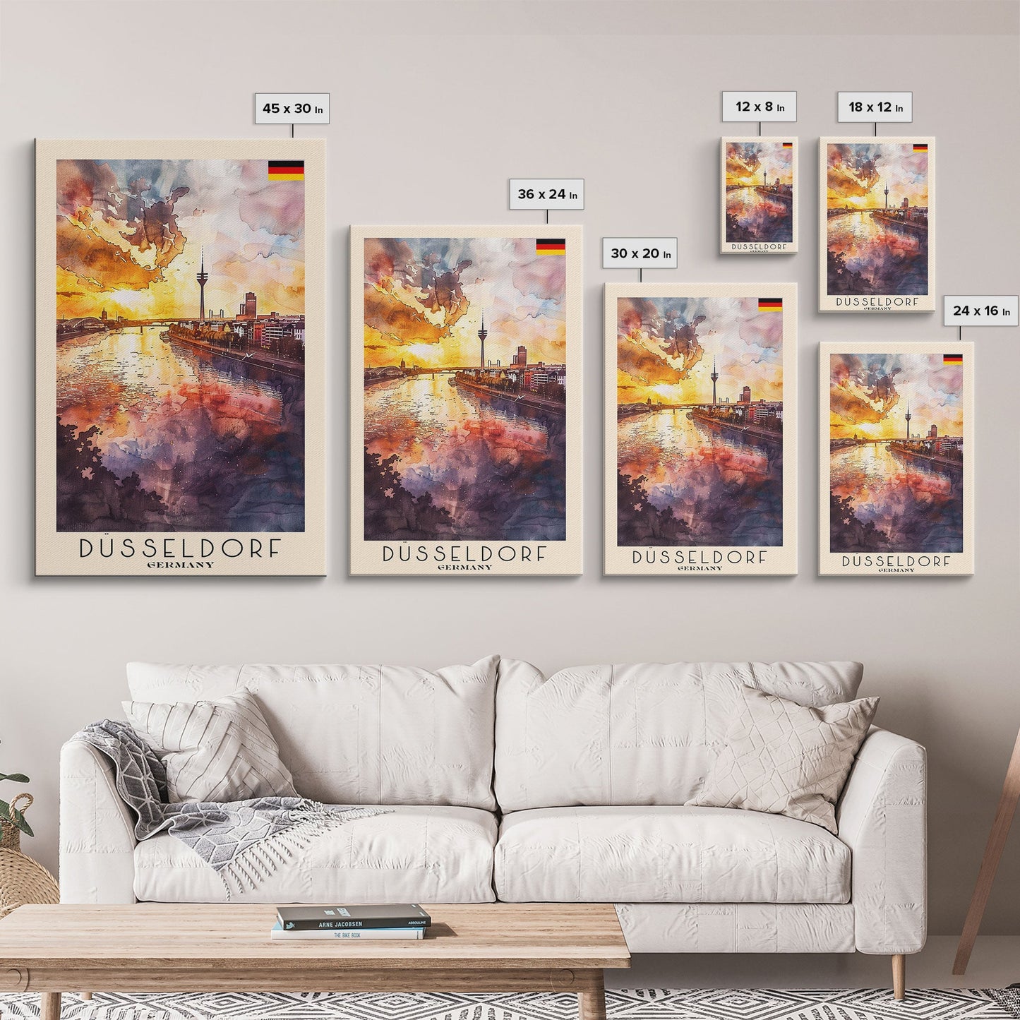 Dusseldorf, Germany Sunset Framed Canvas Print. Striking Wall Art for Living Room or Bedroom, Urban Travel Poster Decor.