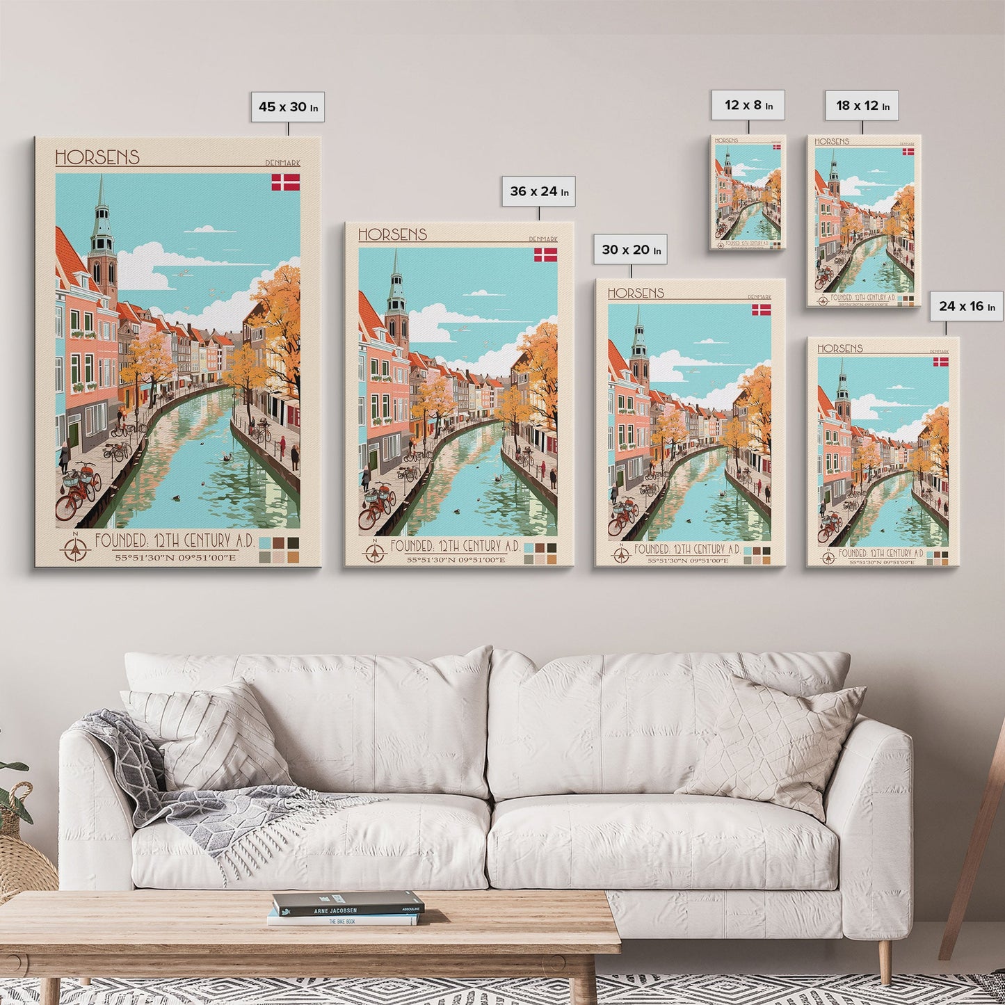 Horsens Denmark Travel Poster Framed Canvas Print, Midcentury Modern Art, Pop Art Wall Decor, Home Decor, Vacation Gift, Office Art