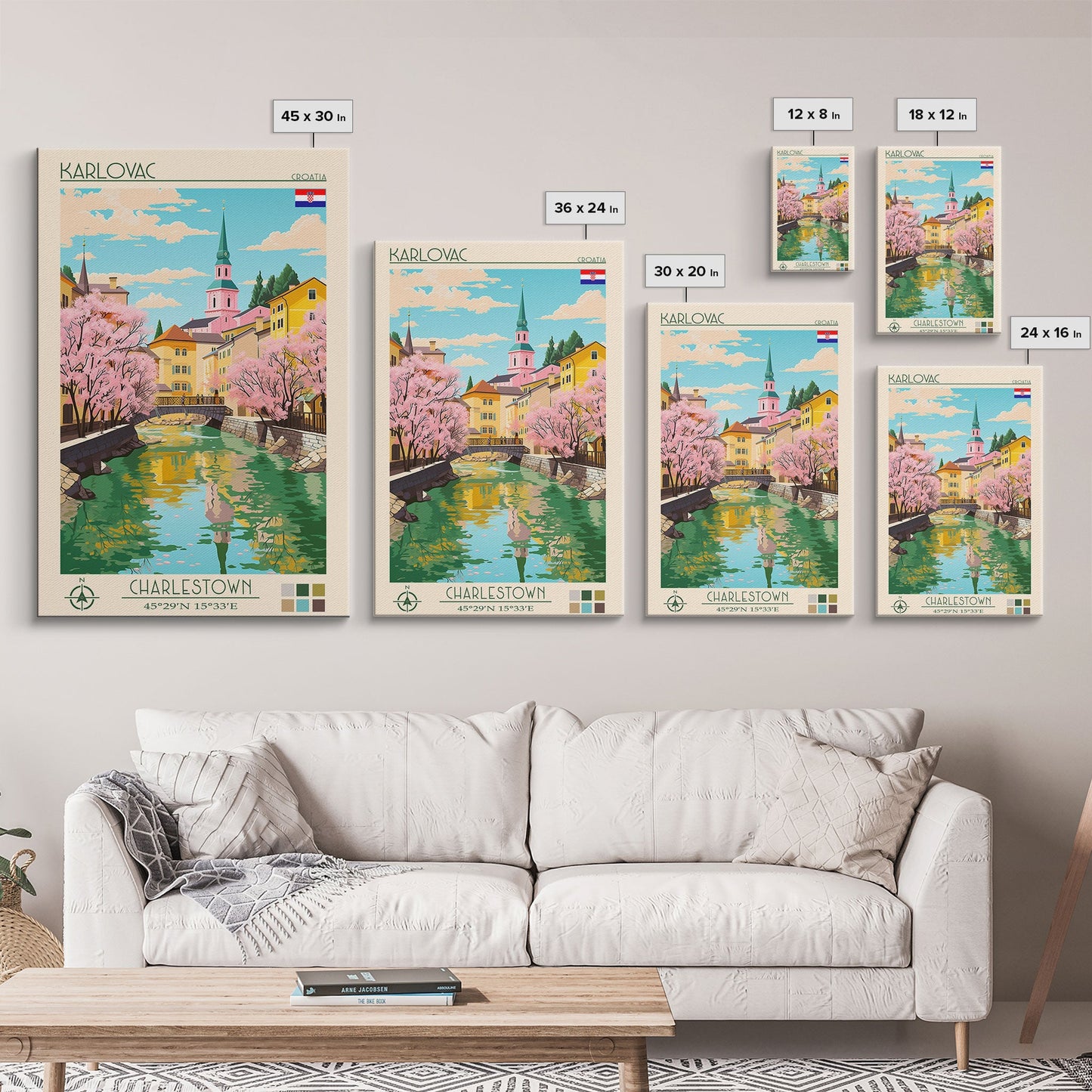 Karlovac Croatia Travel Poster Framed Canvas Print, Midcentury Modern Art, Pop Art Wall Decor, Scenic Living Room Art, Bedroom Decor