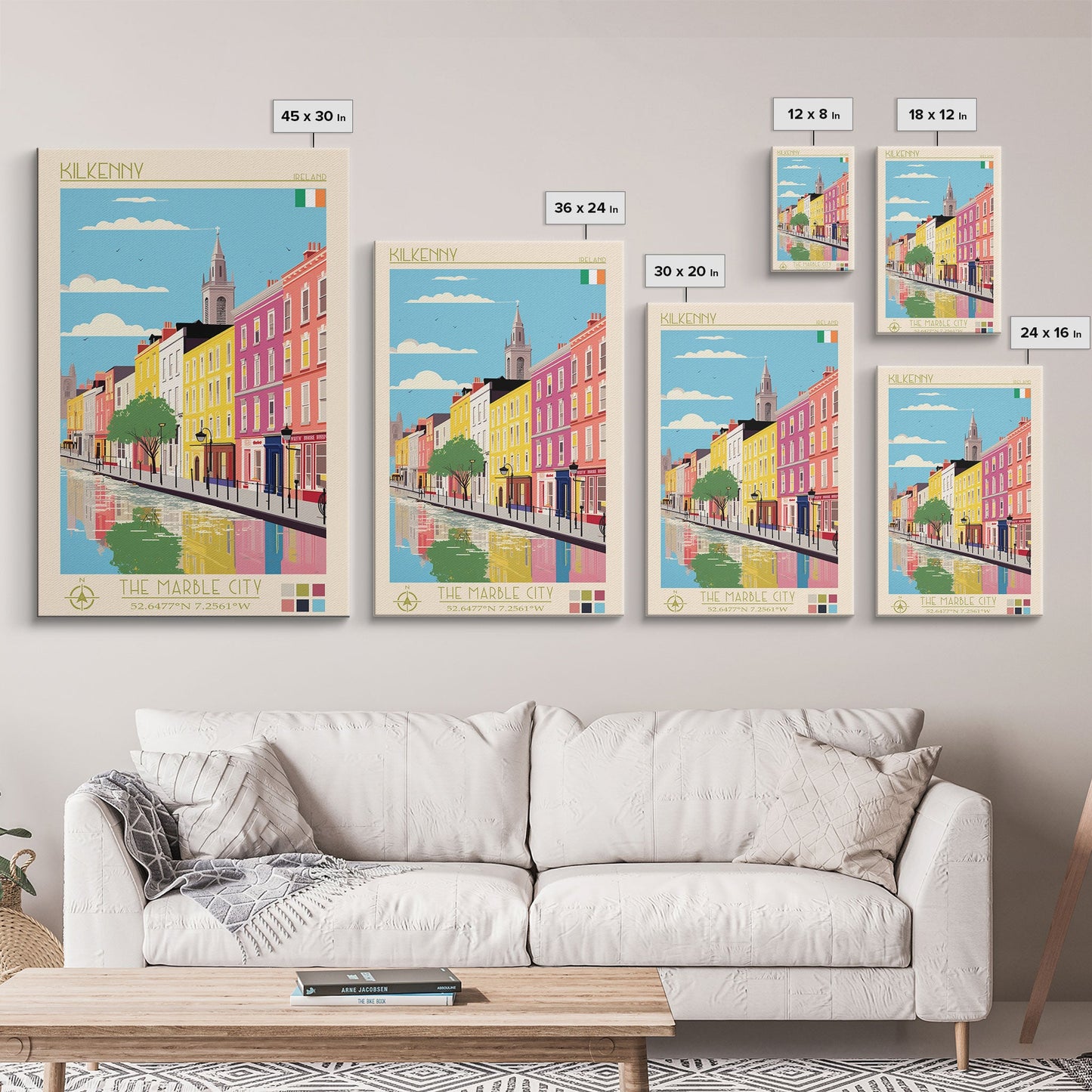 Kilkenny Ireland Travel Poster Framed Canvas Print, Midcentury Modern Art, Pop Art Wall Decor, Scenic Bedroom Art, Office Decoration