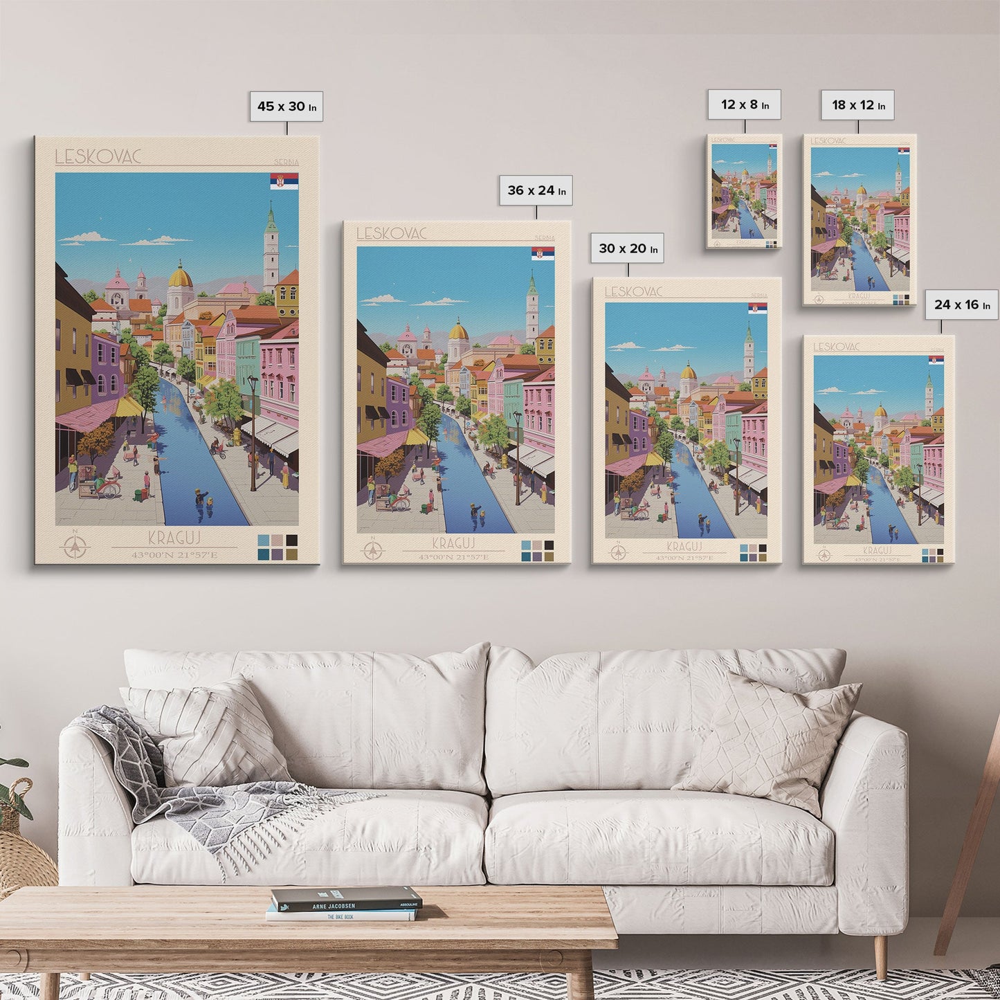 Leskovac Serbia Travel Poster Framed Canvas Print, Midcentury Modern Art, Pop Art Wall Decor, Scenic Wall Art, Living Room Decoration, Office Art