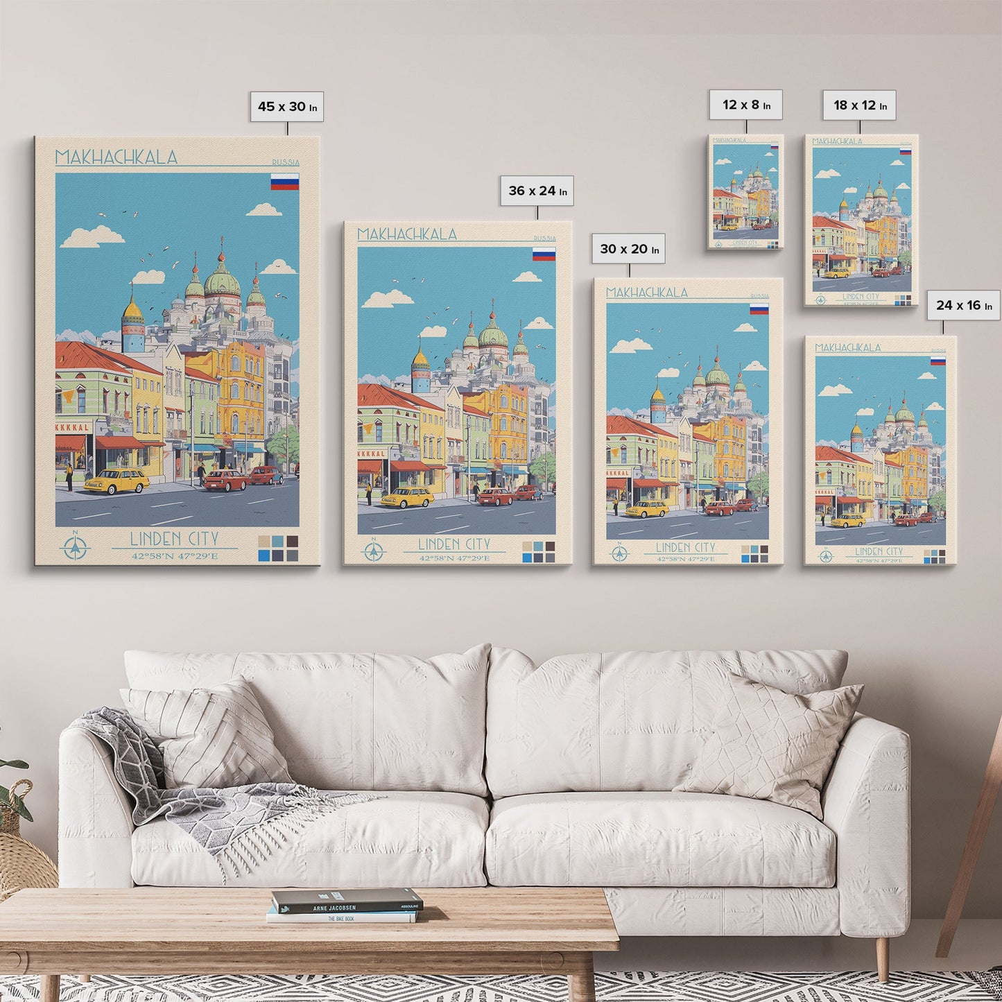 Makhachkala Russia Travel Poster Framed Canvas Print, Midcentury Modern Art, Pop Art Wall Decor, Scenic Wall Art, Living Room Decoration, Office Art