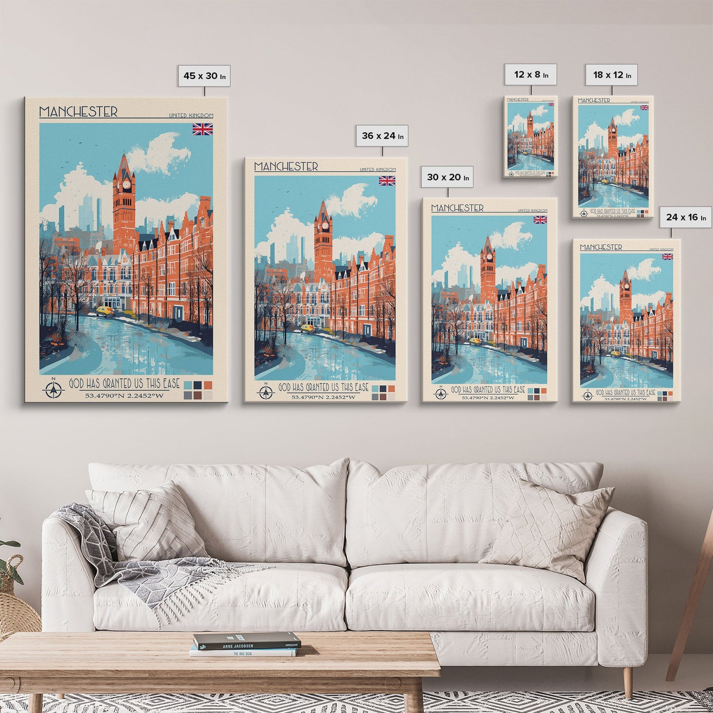 Manchester United Kingdom Travel Poster Framed Canvas Print, Midcentury Modern Art, Pop Art Wall Decor, Scenic Wall Art, Living Room Decoration, Office Art