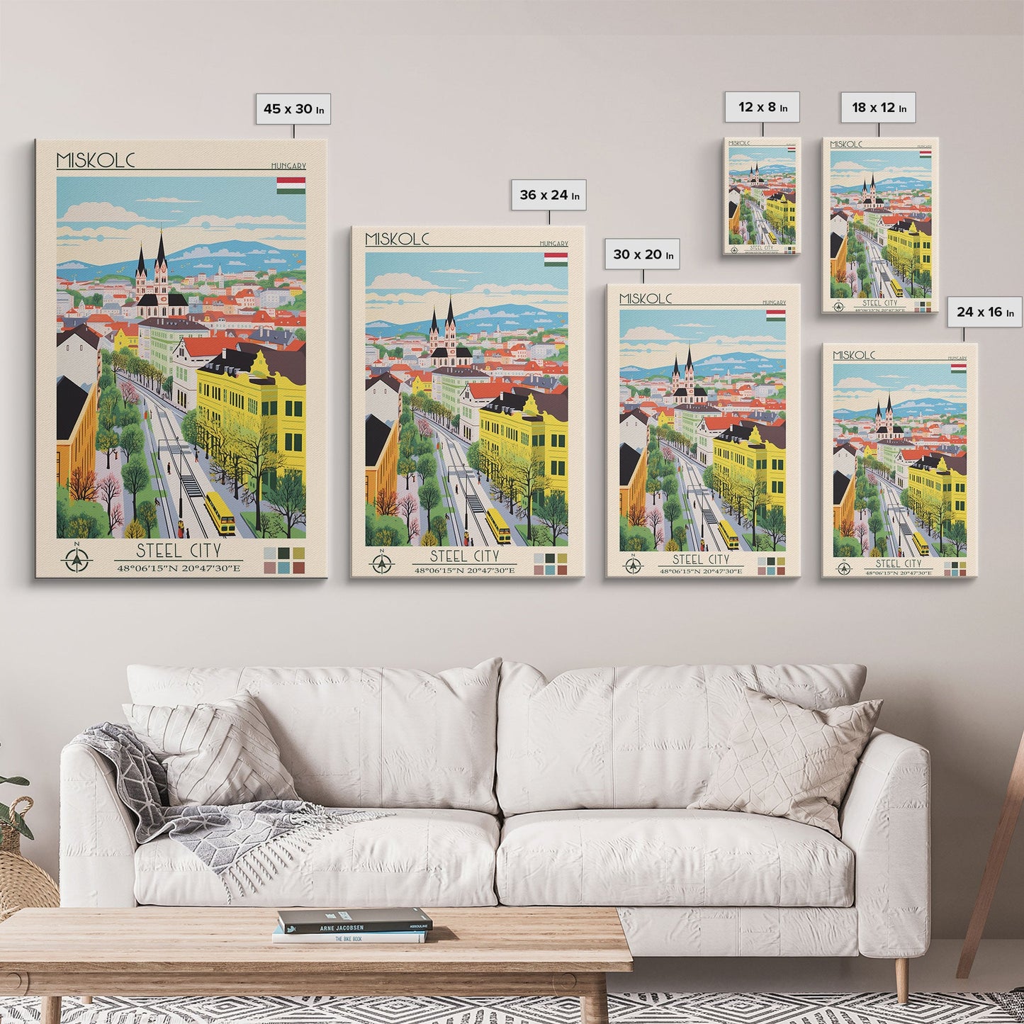 Miskolc Hungary Travel Poster Framed Canvas Print, Midcentury Modern Art, Pop Art Wall Decor, Scenic Living Room Art, Bedroom Decor