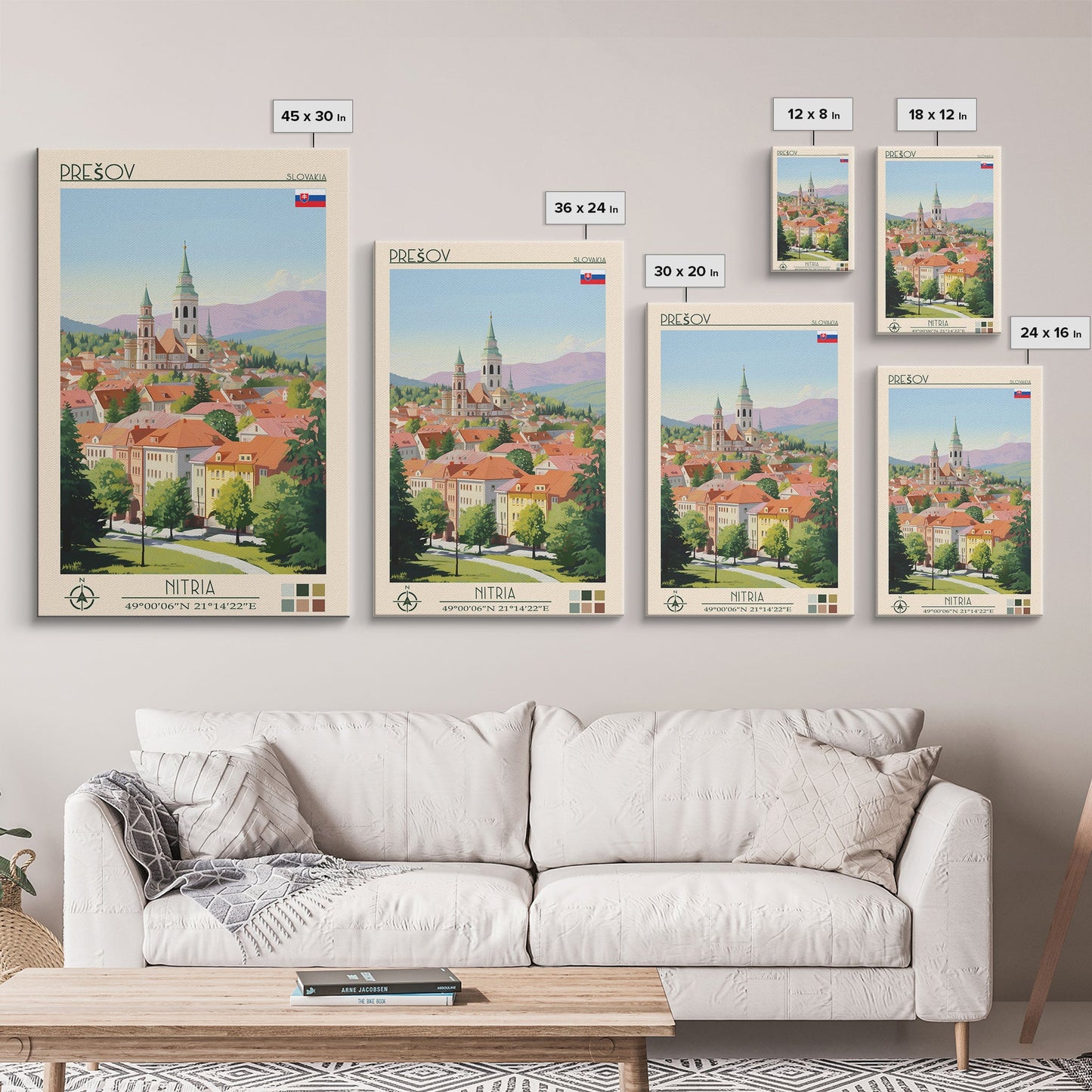Prešov Slovakia Travel Poster Framed Canvas Print, Midcentury Modern Art, Pop Art Wall Decor, Scenic Living Room Art, Bedroom Gift