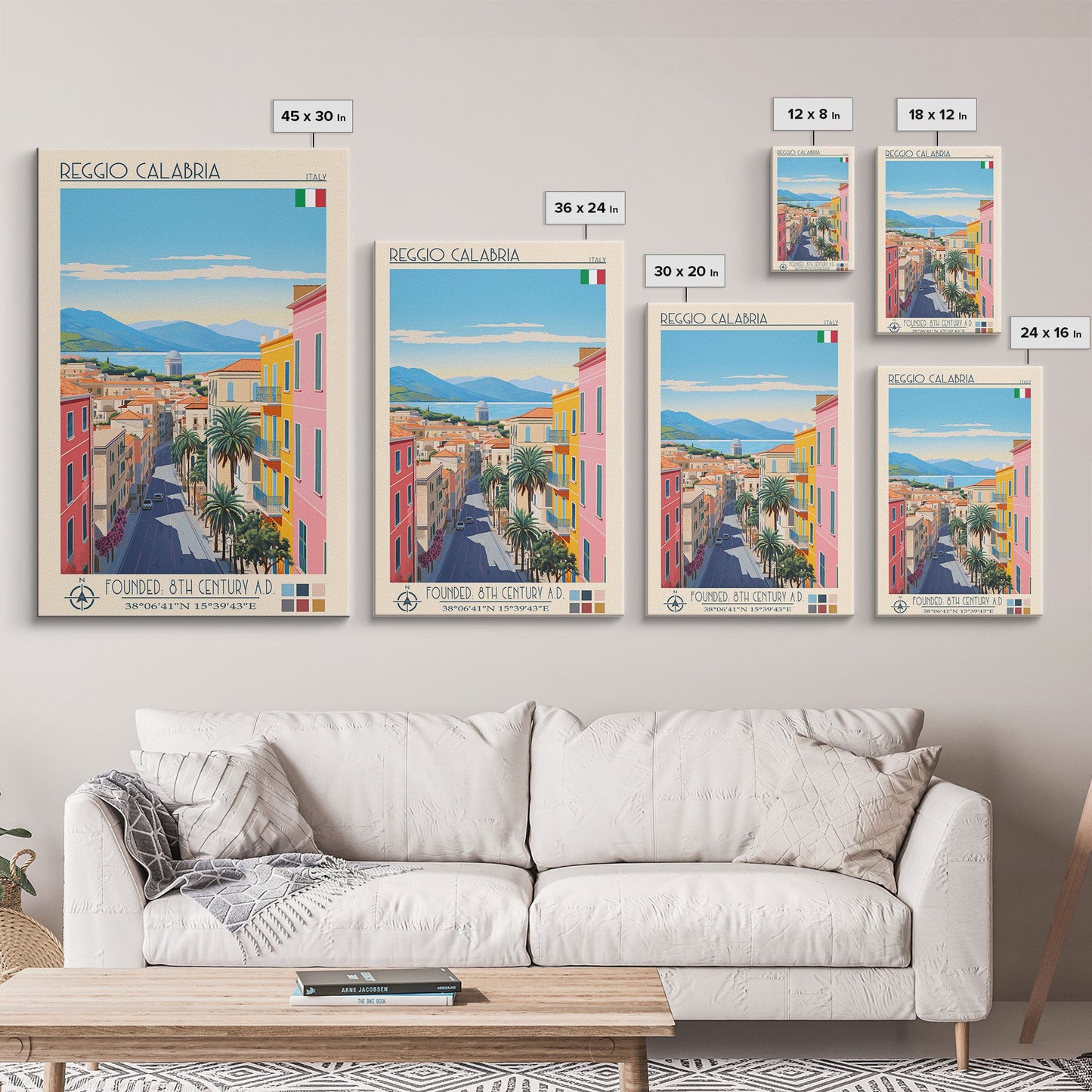 Reggio Calabria Italy Travel Poster Framed Canvas Print, Midcentury Modern Art, Pop Art Wall Decor, Scenic Living Room Art, Bedroom Gift