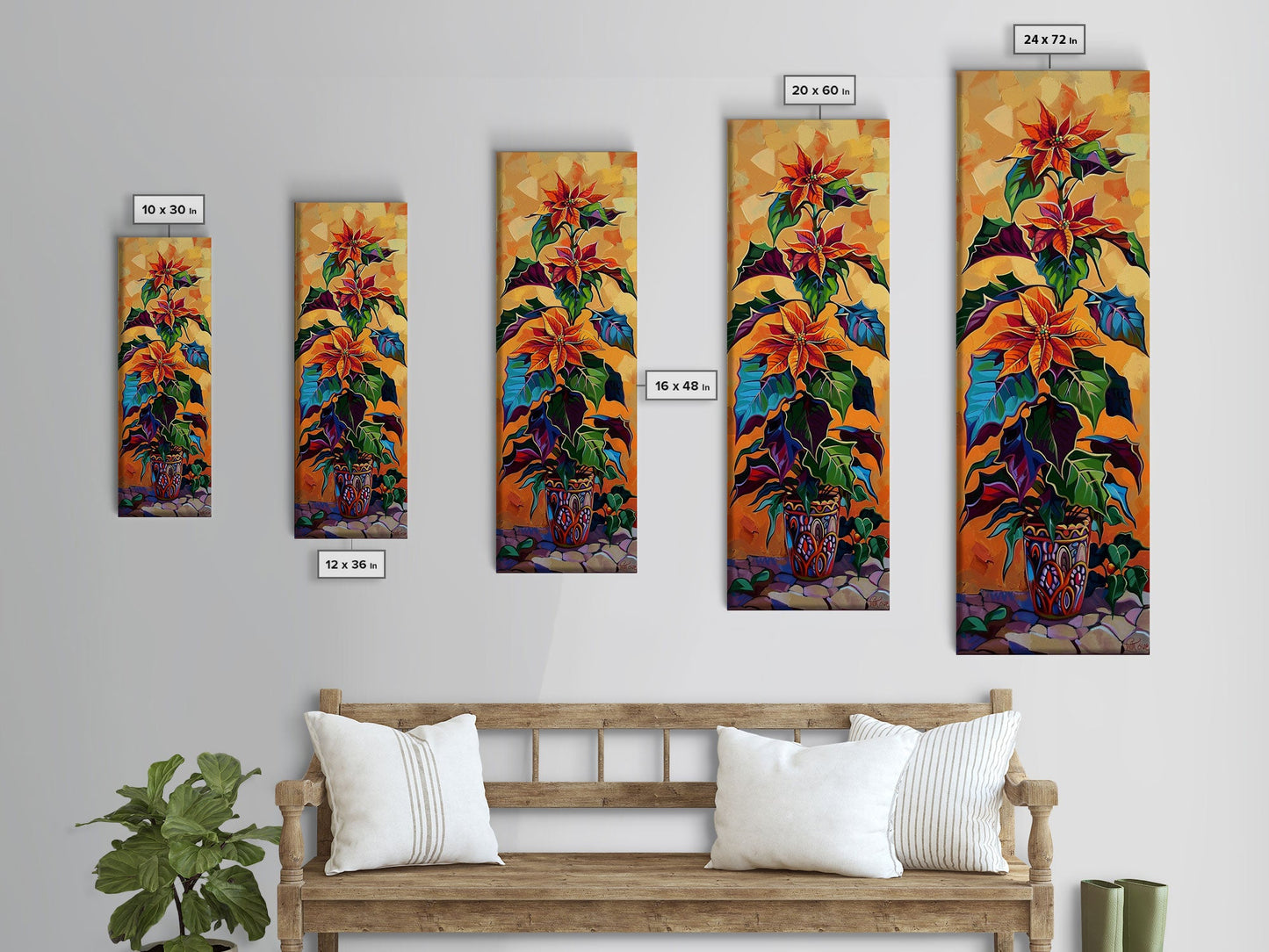Oversized Spanish Style Poinsettia Canvas Painting Framed and Printed, Botanical Wall Art, Textured Canvas Painting, Vertical Framed Art
