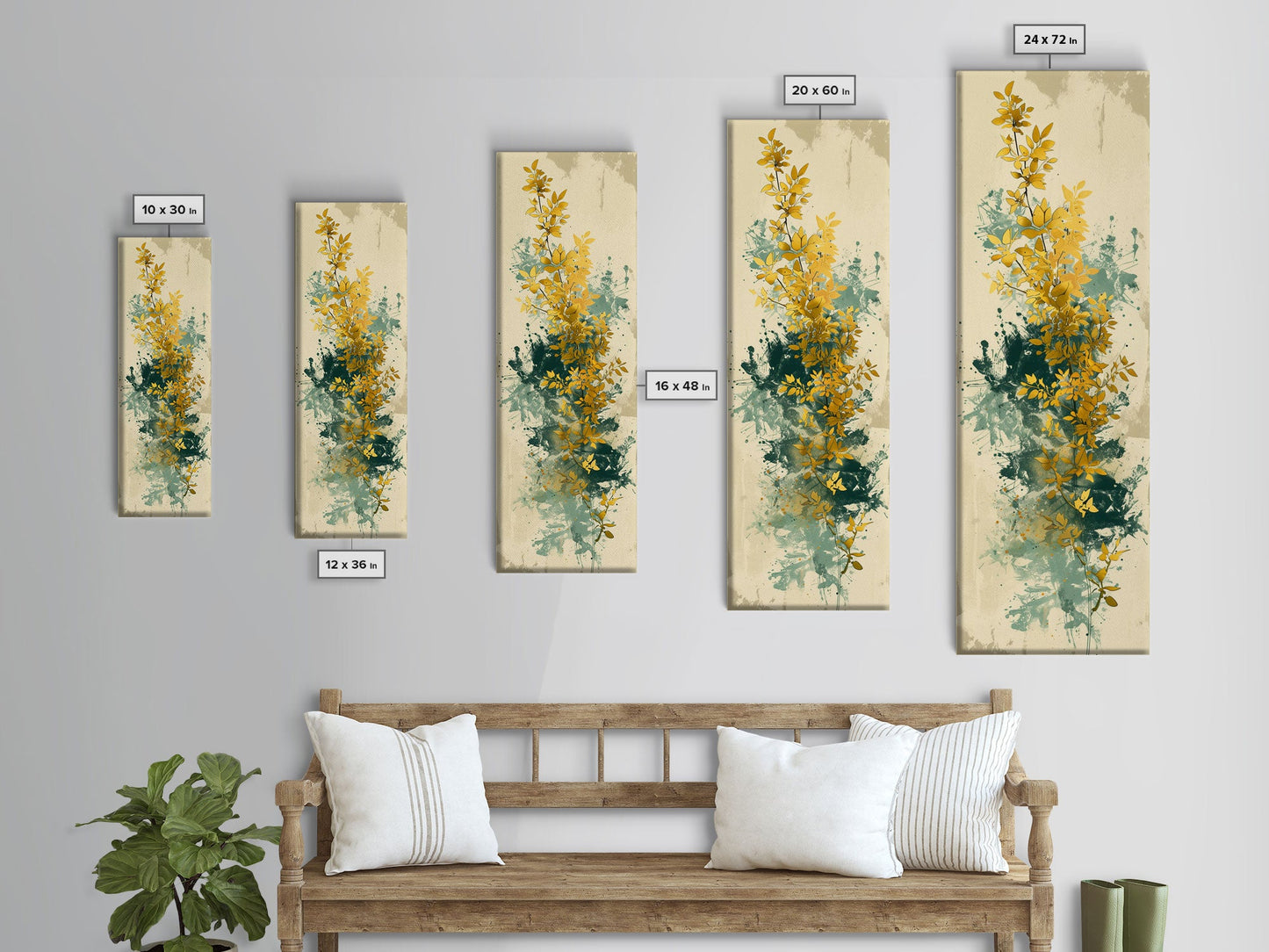 Golden Foliage Set Against Green Textured Background Skinny Art Tall Art Framed Canvas Print Japanese Style Art Ukiyo-e Art Wood Block Print Natural Elegant