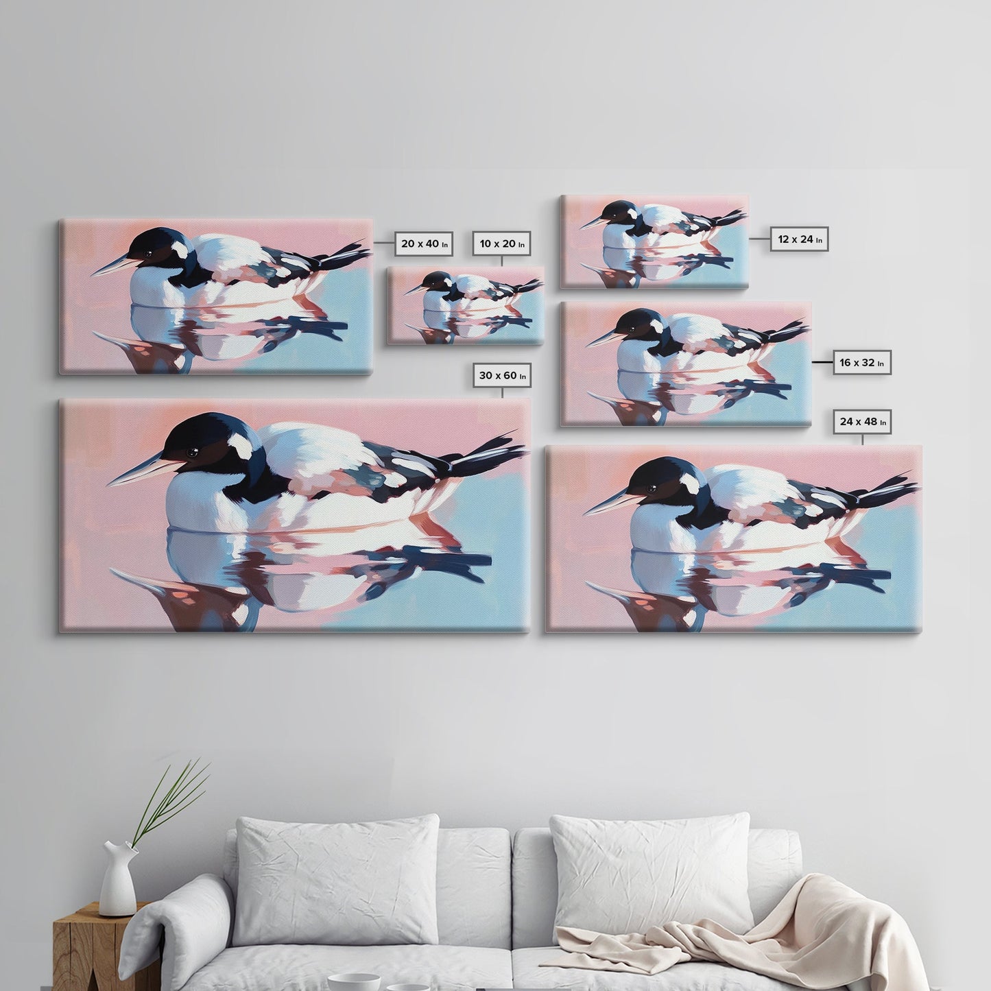 Waterfowl Reflection, bird art, lake Tahoe art, coastal painting, wildlife decor, pink orange wall art, framed canvas print