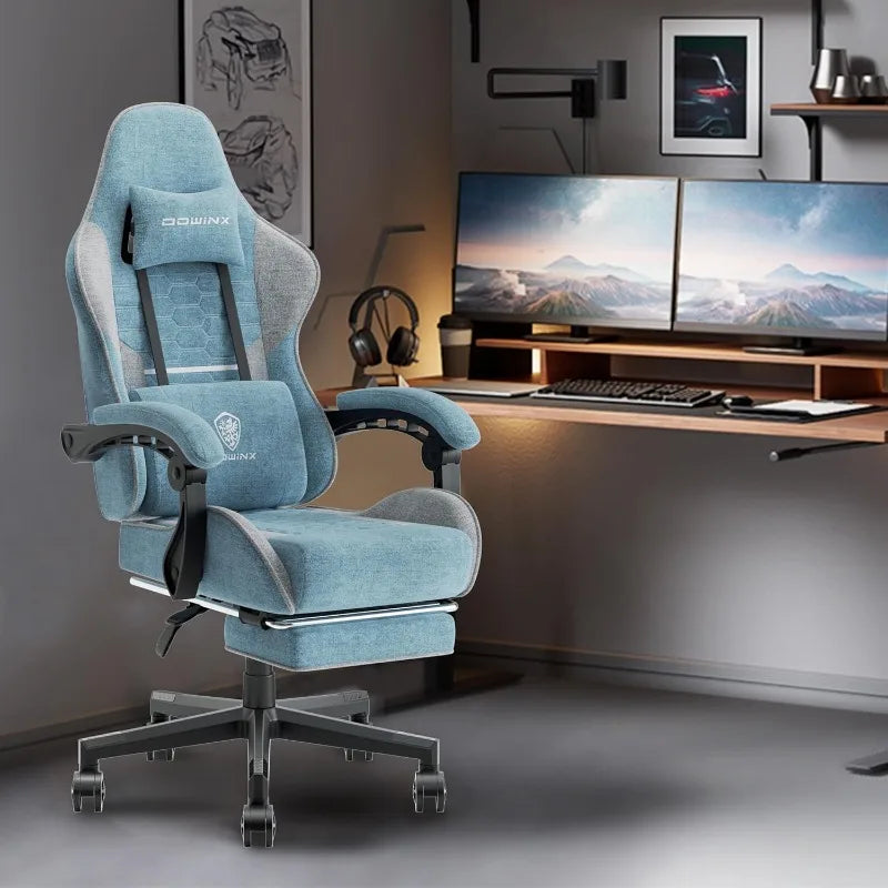 Dowinx Gaming Chair Fabric with Pocket Spring Cushion, Massage Game Chair Cloth with Headrest, Ergonomic Computer Chair Blue
