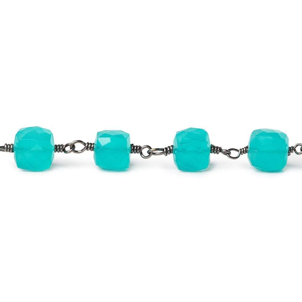 7.5-8mm Turquoise Chalcedony cube Black Gold plated Silver Chain by the foot