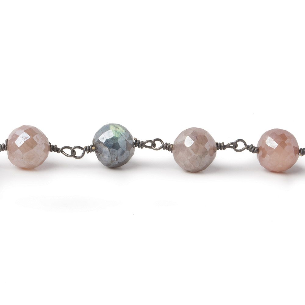 7.5mm Mystic Grey & Peach Moonstone faceted round Black Gold plated Chain by the foot 22 pcs