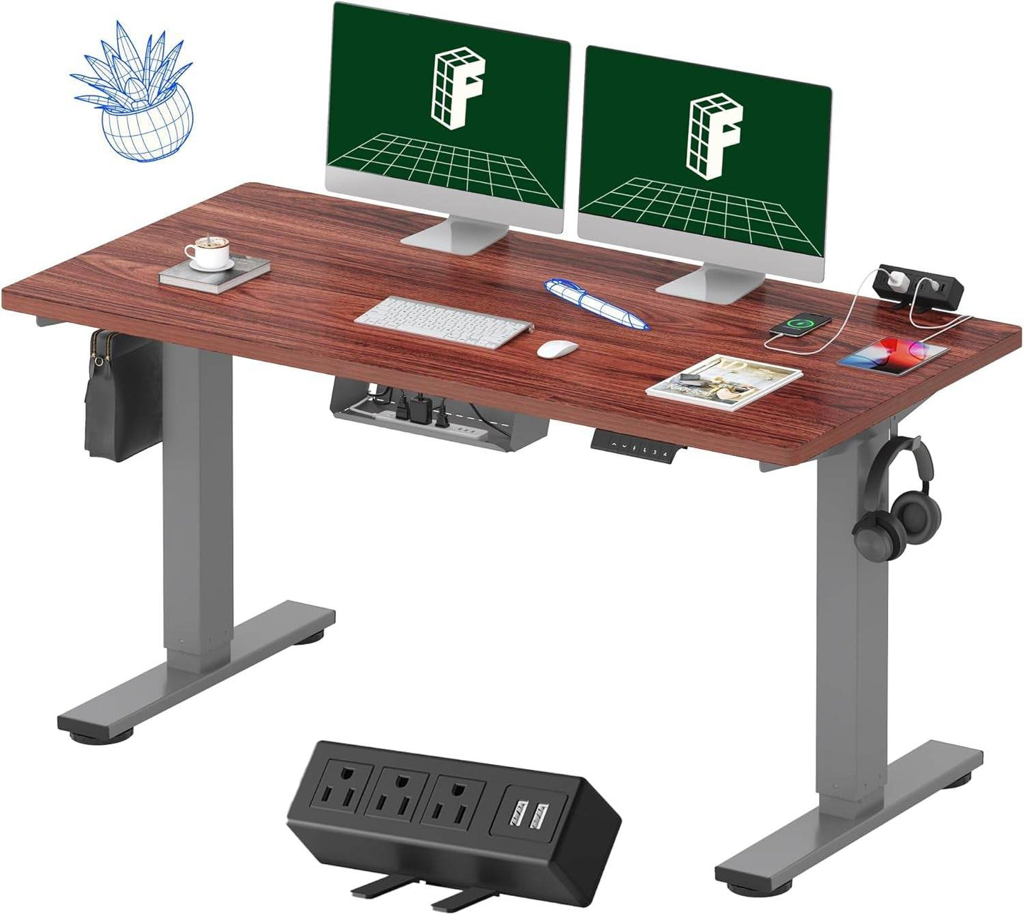 EN2 Height Adjustable Electric Standing Desk - 48"x30" with Clamp Power Strip & Cable Management (Gray Frame + Mahogany Top)