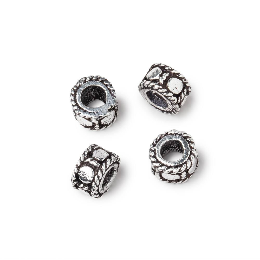 7mm Antiqued Silver Plated Copper Dotted Cylinder Tube Set of 4 Beads