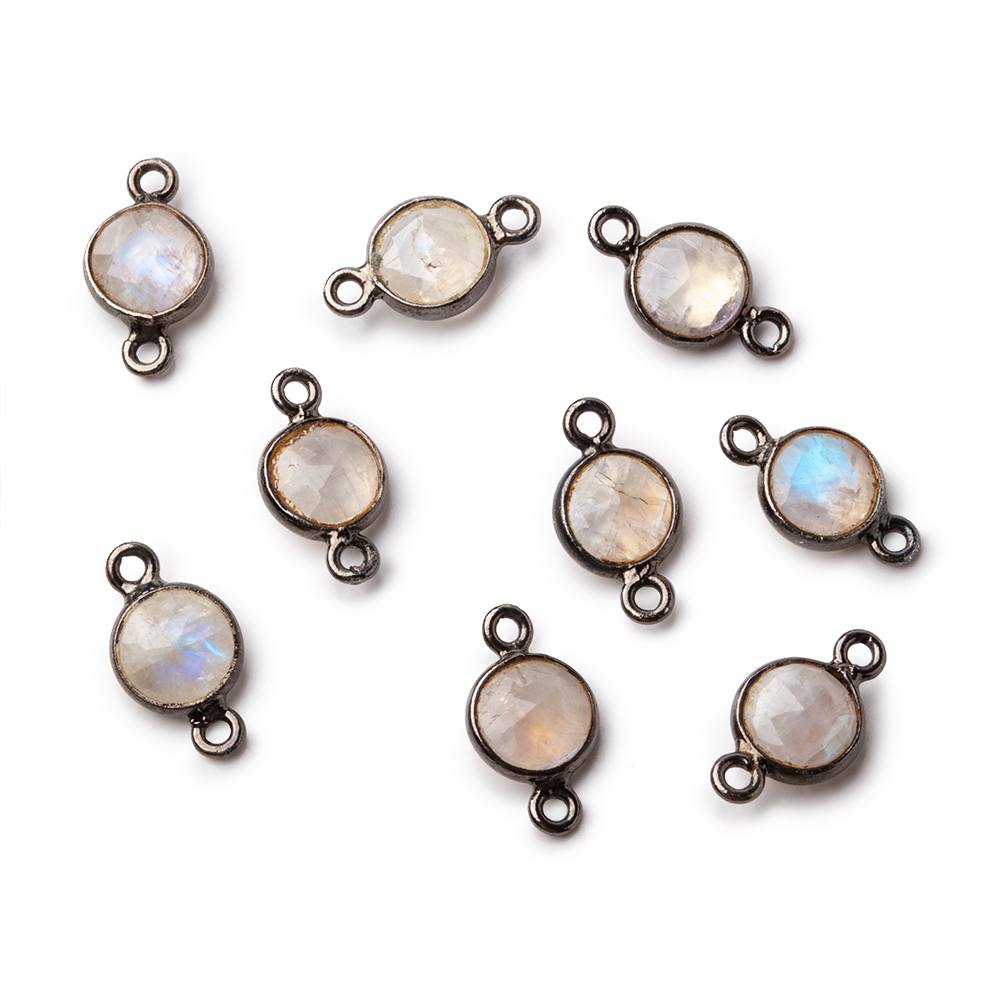 7mm Black Gold .925 Bezel Rainbow Moonstone Faceted Coin Connector 1 piece
