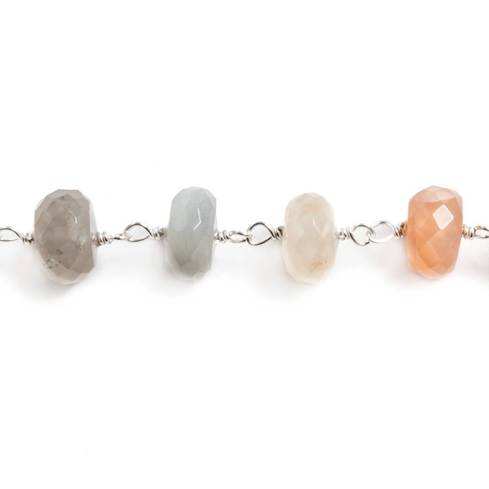 7mm Multi Moonstone faceted rondelle .925 Silver Chain 30 beads