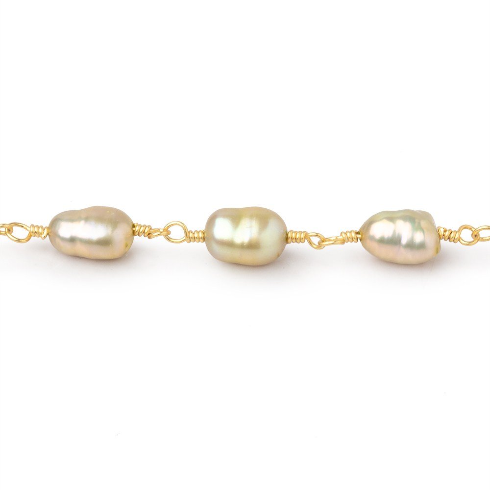 7x5-8x5mm Sage Green Baroque Pearls on Gold Plated Chain