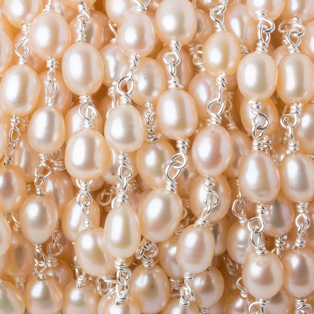 7x5mm Salmon Pink Oval Freshwater Pearl .925 Silver Chain by the foot 25 pearls