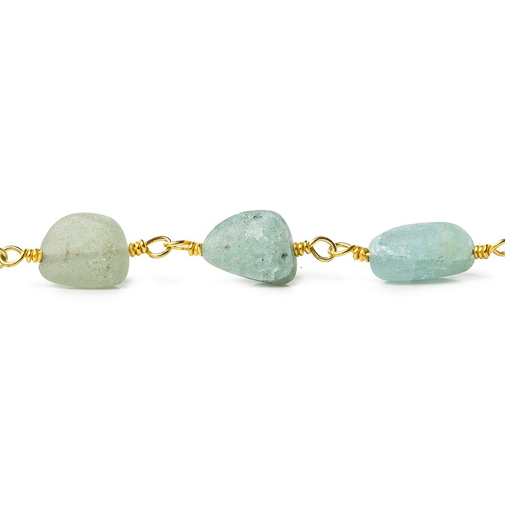 7x6-10x8mm Frosted Aquamarine plain nugget Gold plated Chain by the foot