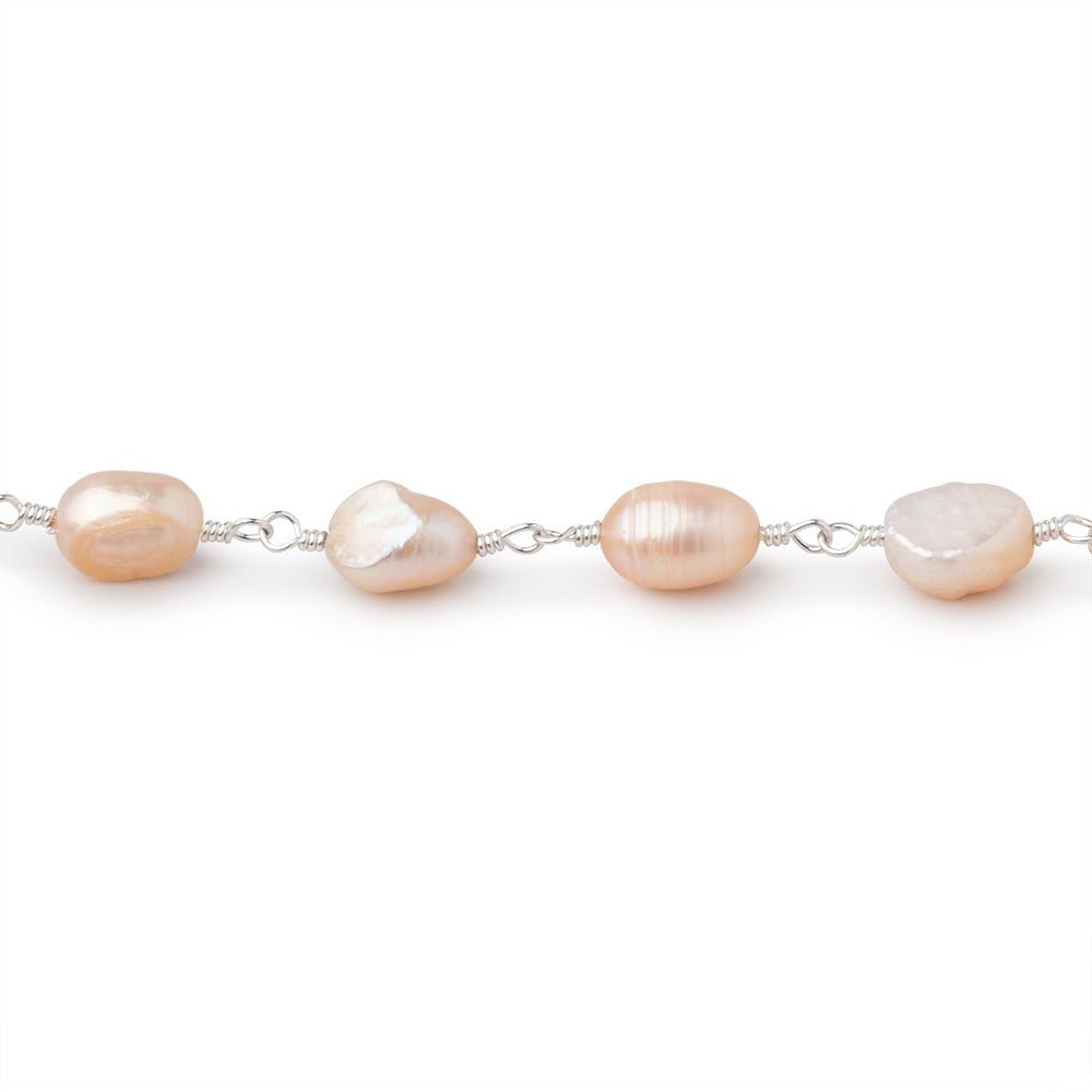 7x6-8x6mm Peach Baroque Pearls on Silver Plated Chain