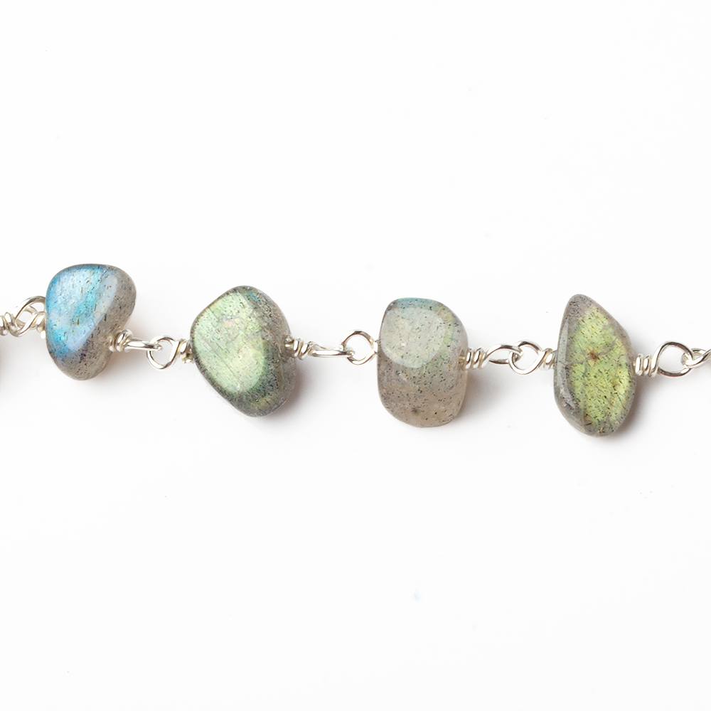 7x6-9x7mm Labradorite plain nugget .925 Silver chain by the foot 26 pcs