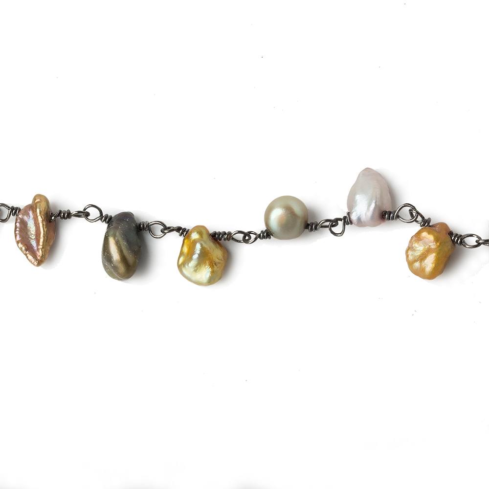 7x6mm Multi Color Top Drill Keshi Pearl Black Gold .925 Silver Chain
