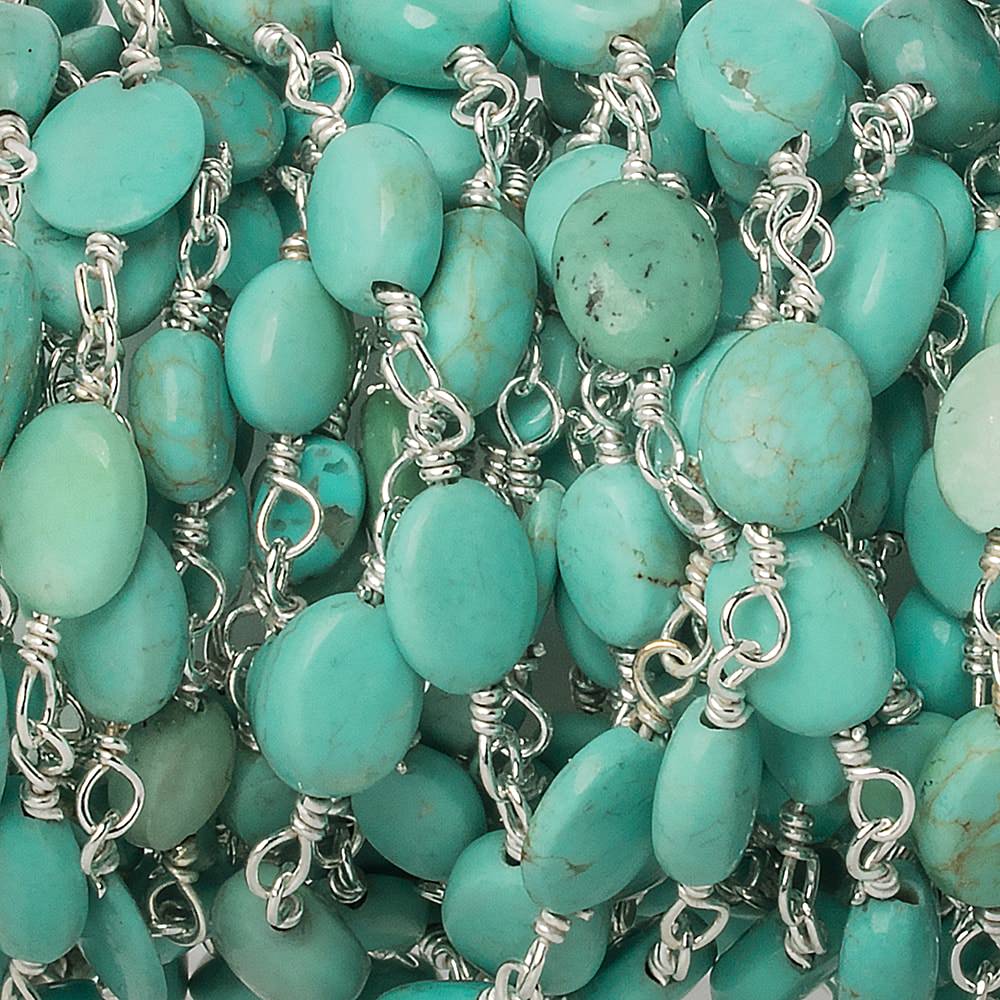 7x6mm Turquoise plain oval Silver Chain by the foot 22 pieces