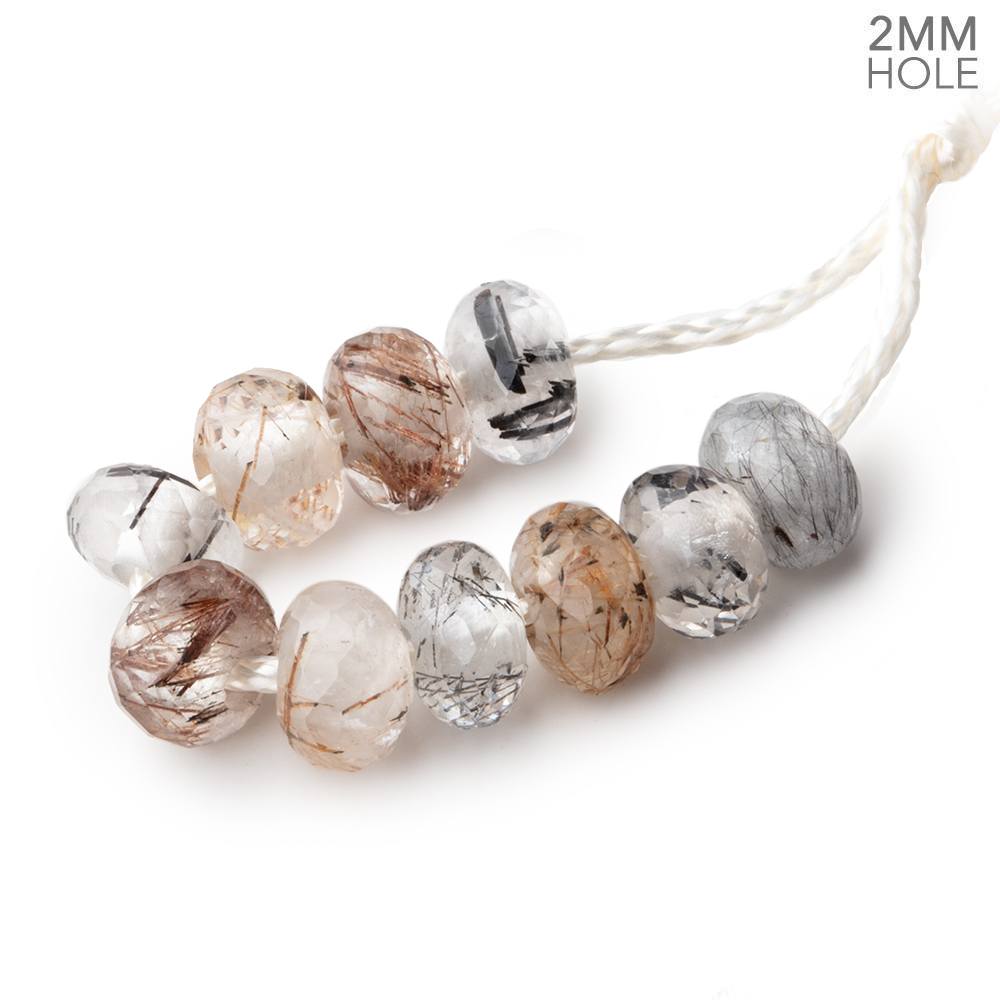 8-8.5mm Rutilated & Tourmalinated Quartz 2mm Large Hole Faceted Rondelle Bead Set of 10