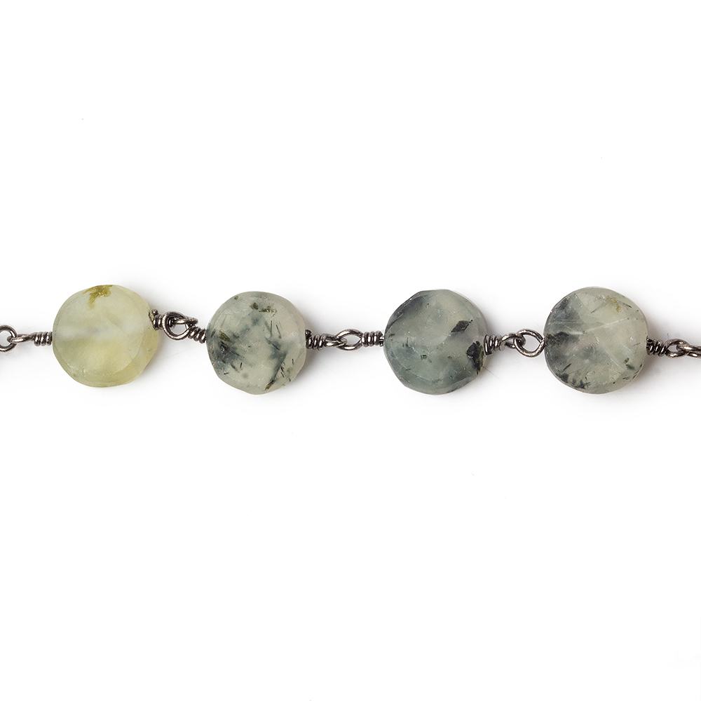 8-9mm Matte Dendritic Prehnite plain coin Black Gold plated Chain by the foot