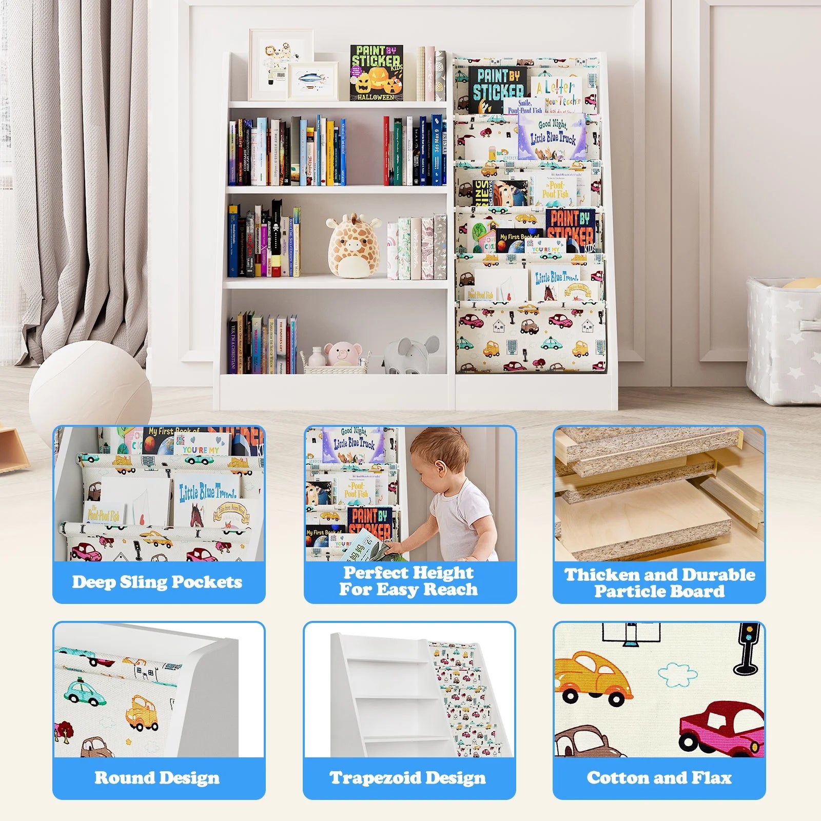 Wooden 4 Tier Sling Storage Children'S Bookshelf for Kids Room Living Room