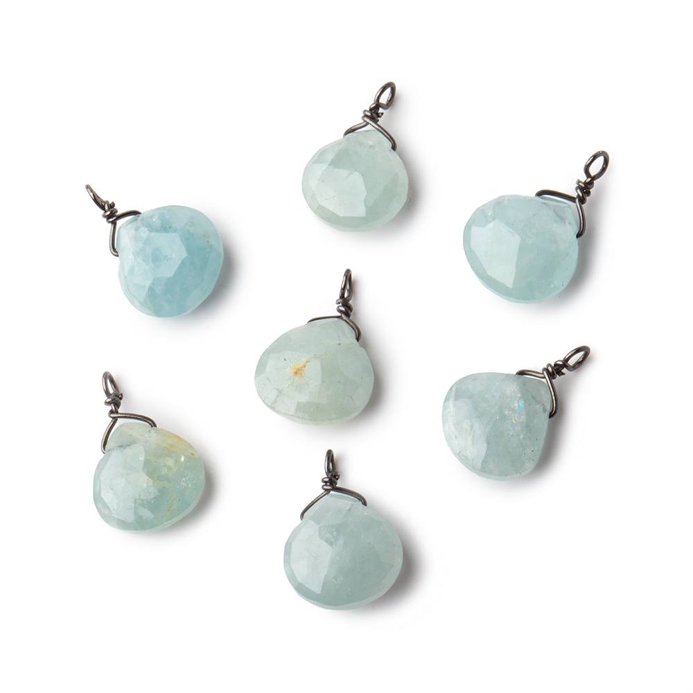 8mm Black Gold Wire Wrapped Aquamarine Faceted Heart 1 Focal Pendant