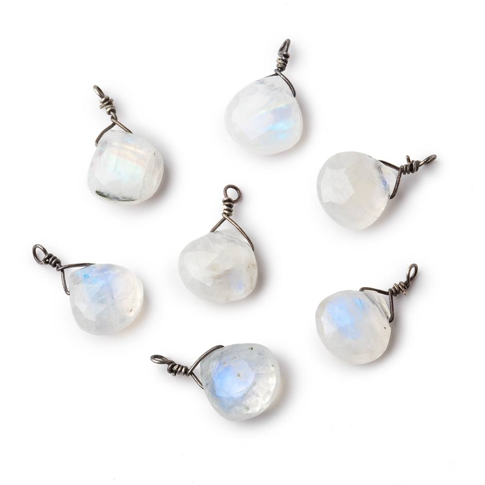 8mm Black Gold Wire Wrapped Rainbow Moonstone Faceted Heart 1 Focal Pendant