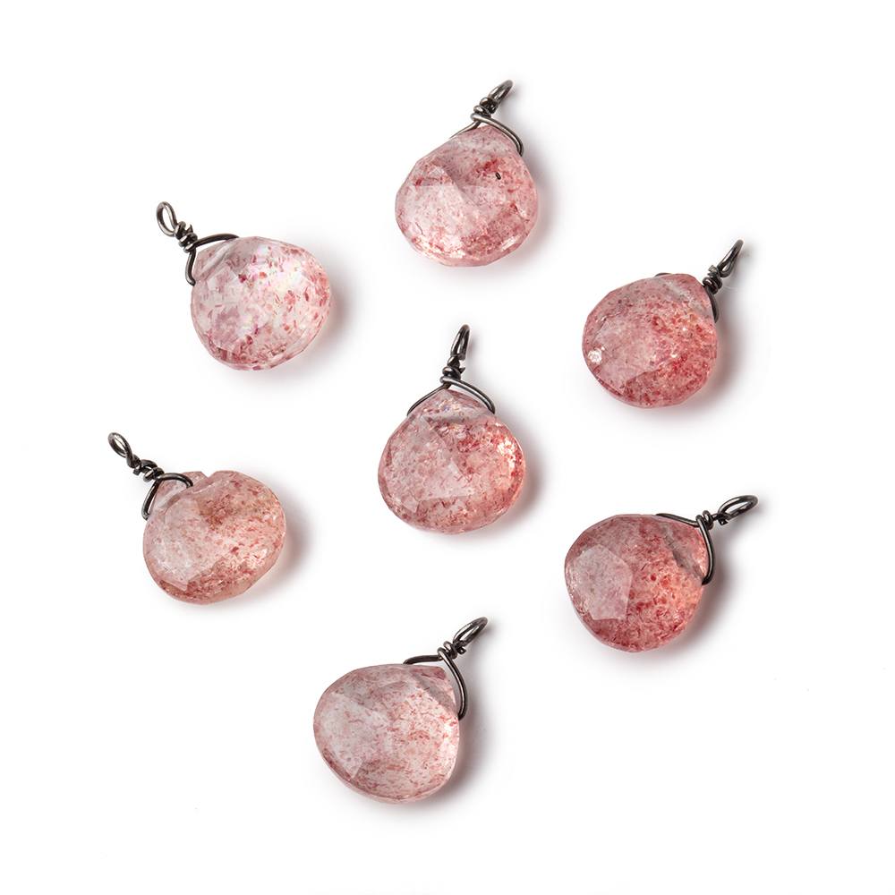 8mm Black Gold Wire Wrapped Strawberry Quartz Faceted Heart 1 Focal Pendant