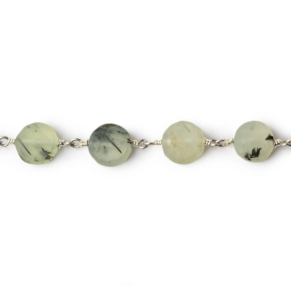 8mm Matte Dendritic Prehnite plain coin Silver plated Chain by the foot