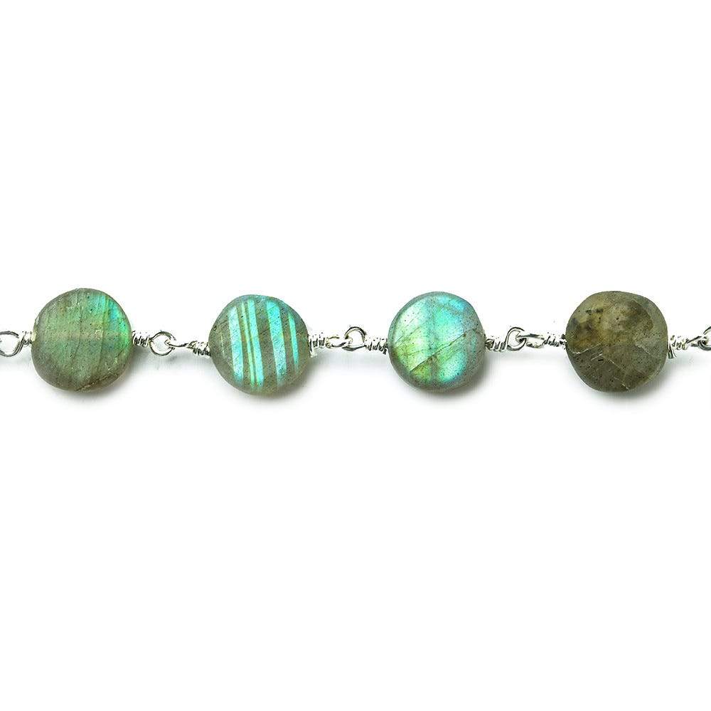 8mm Matte Labradorite plain coin Silver plated Chain by the foot 27 beads per