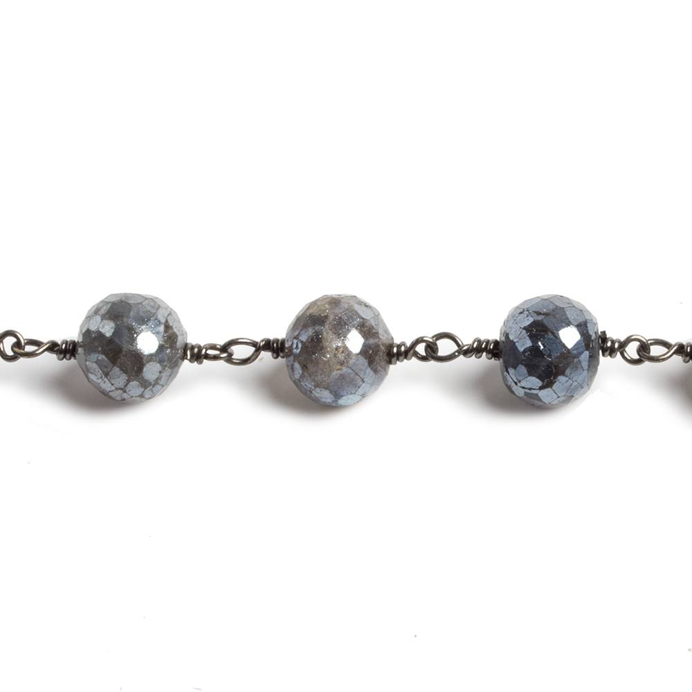 8mm Mystic Labradorite faceted round Black Gold Chain by the foot 20 beads